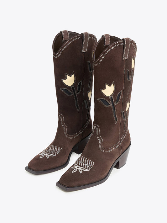Brown Faux Suede Square-Toe Tulip Inaly Mid Calf Cowgirl Boots