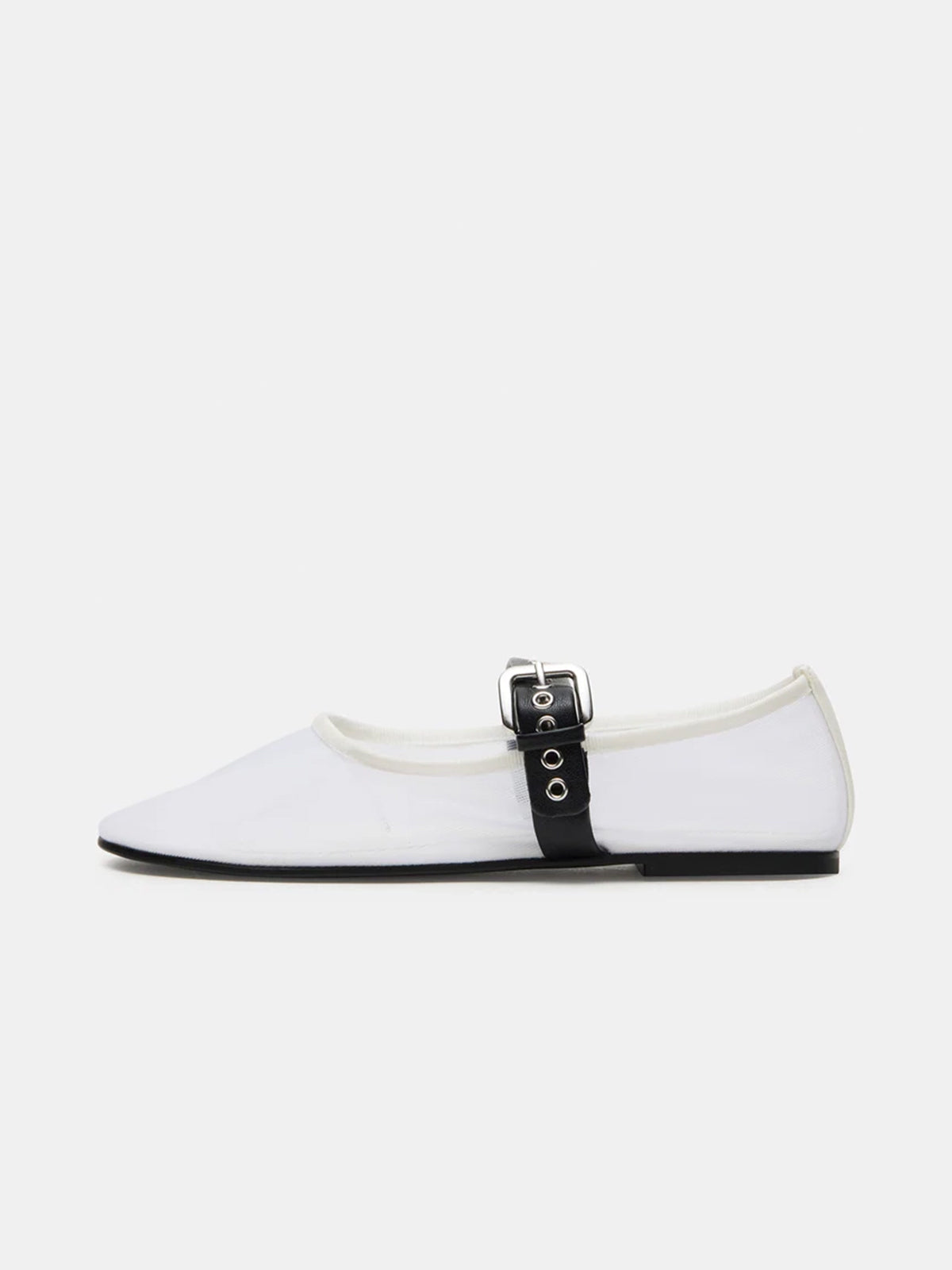 White Mesh Round-Toe Bridge Buckle Strap Ballet Flats