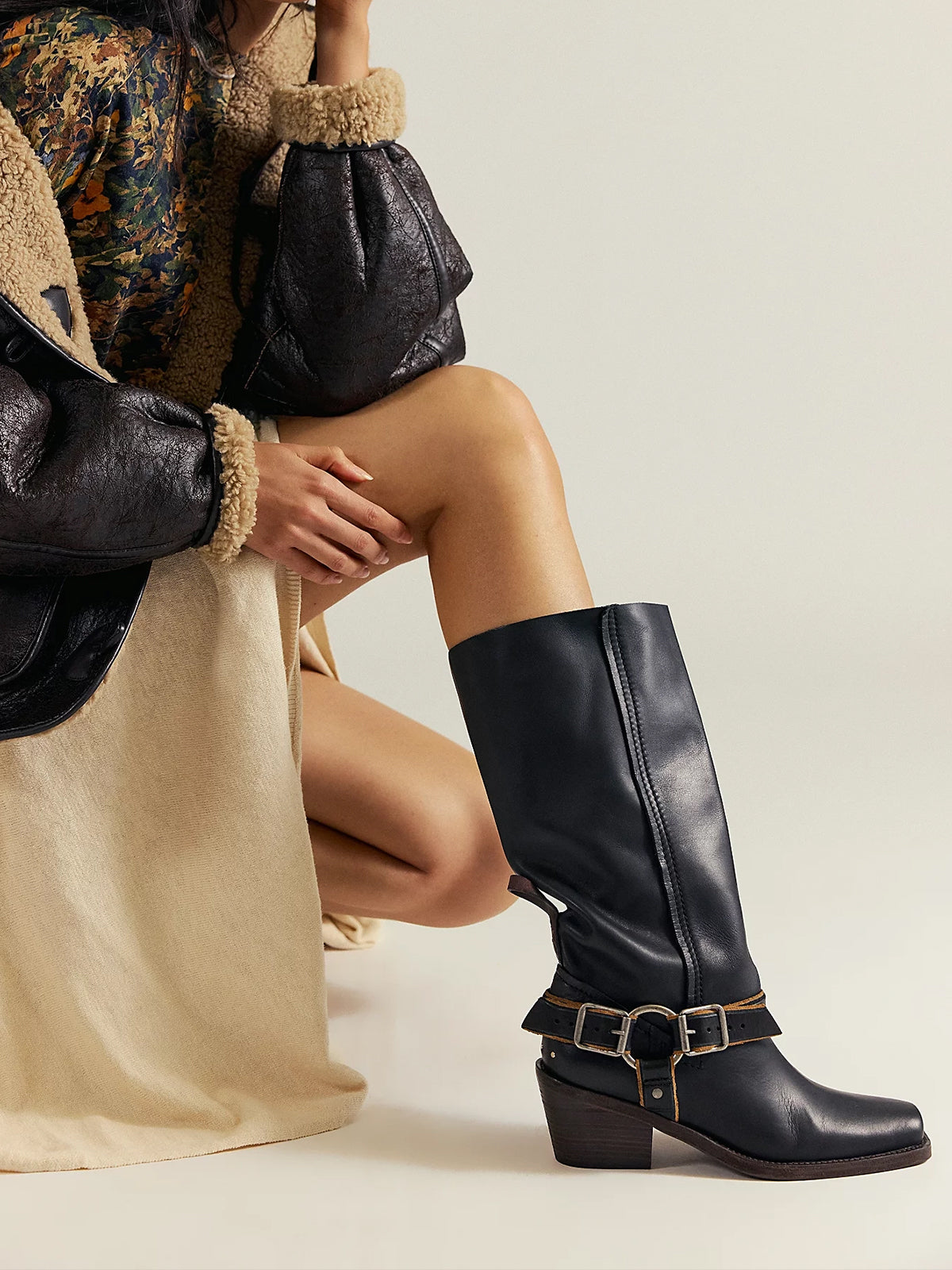 Washed Black Square-Toe Western Mid Calf Cowgirl Boots