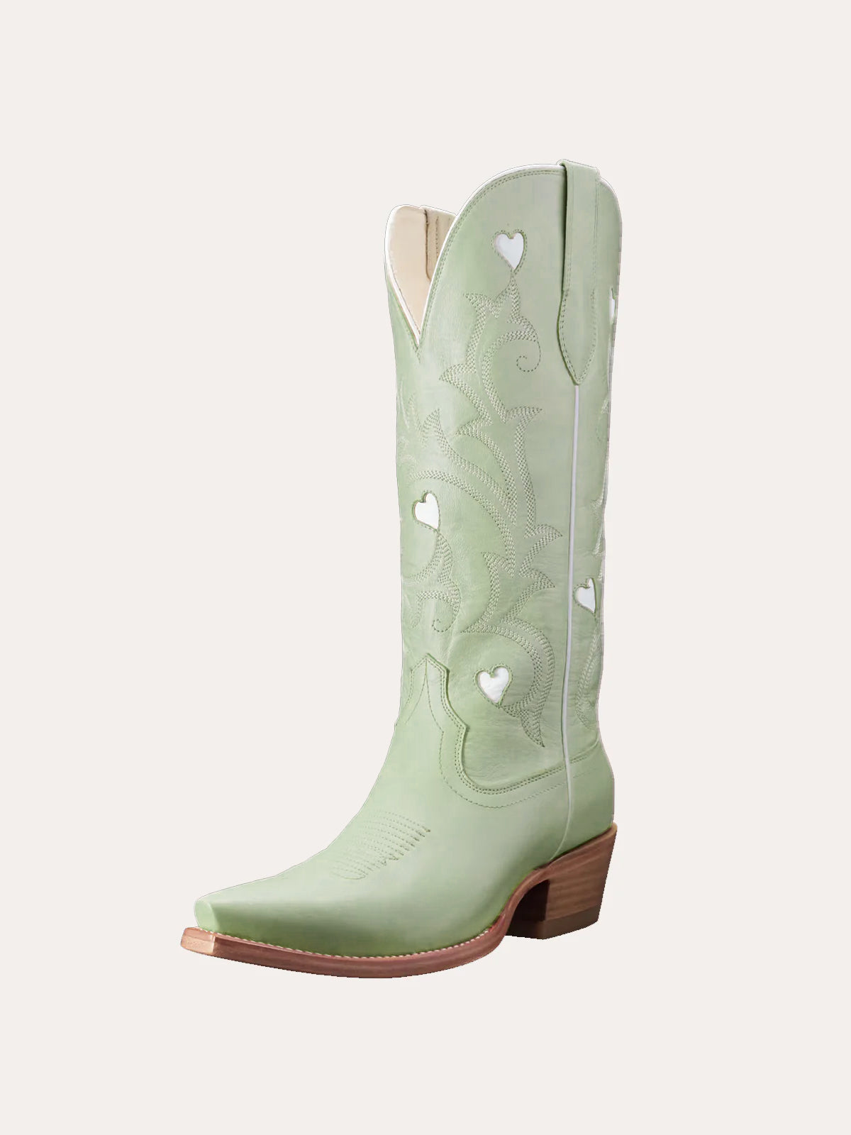 Mint Green Snip-Toe Embroidery White Heart Inlay Mid Calf Cowgirl Boots