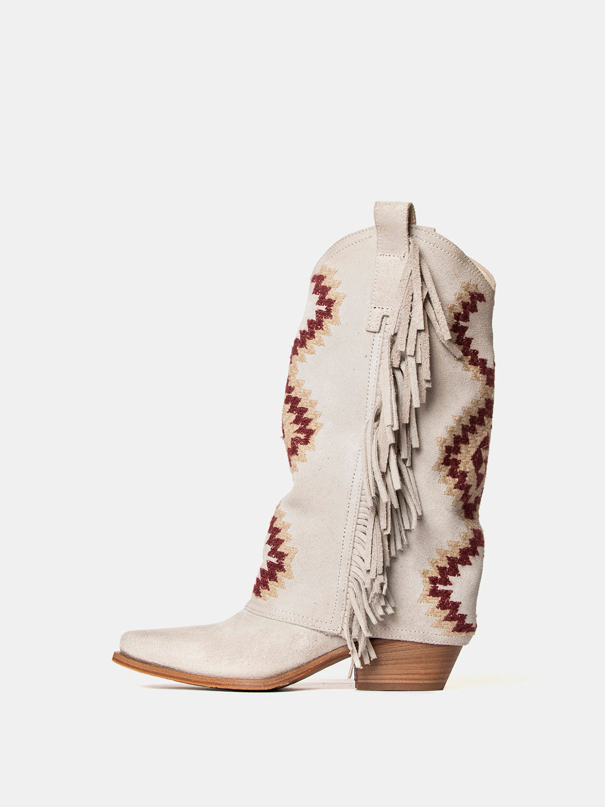 Side Fringe Snip-Toe Embroidery Fold-Over Mid Calf Cowgirl Boots - Ivory Faux Suede