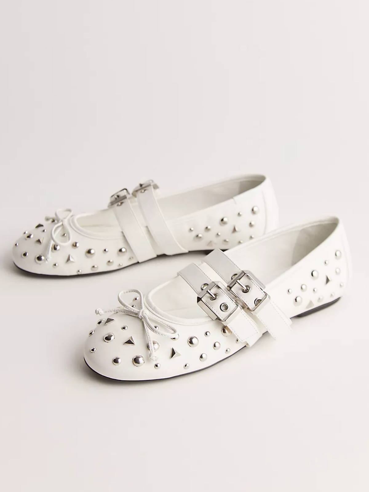 White Bow Studded Ballet Flats Mary Janes With Grommet Buckled Strap