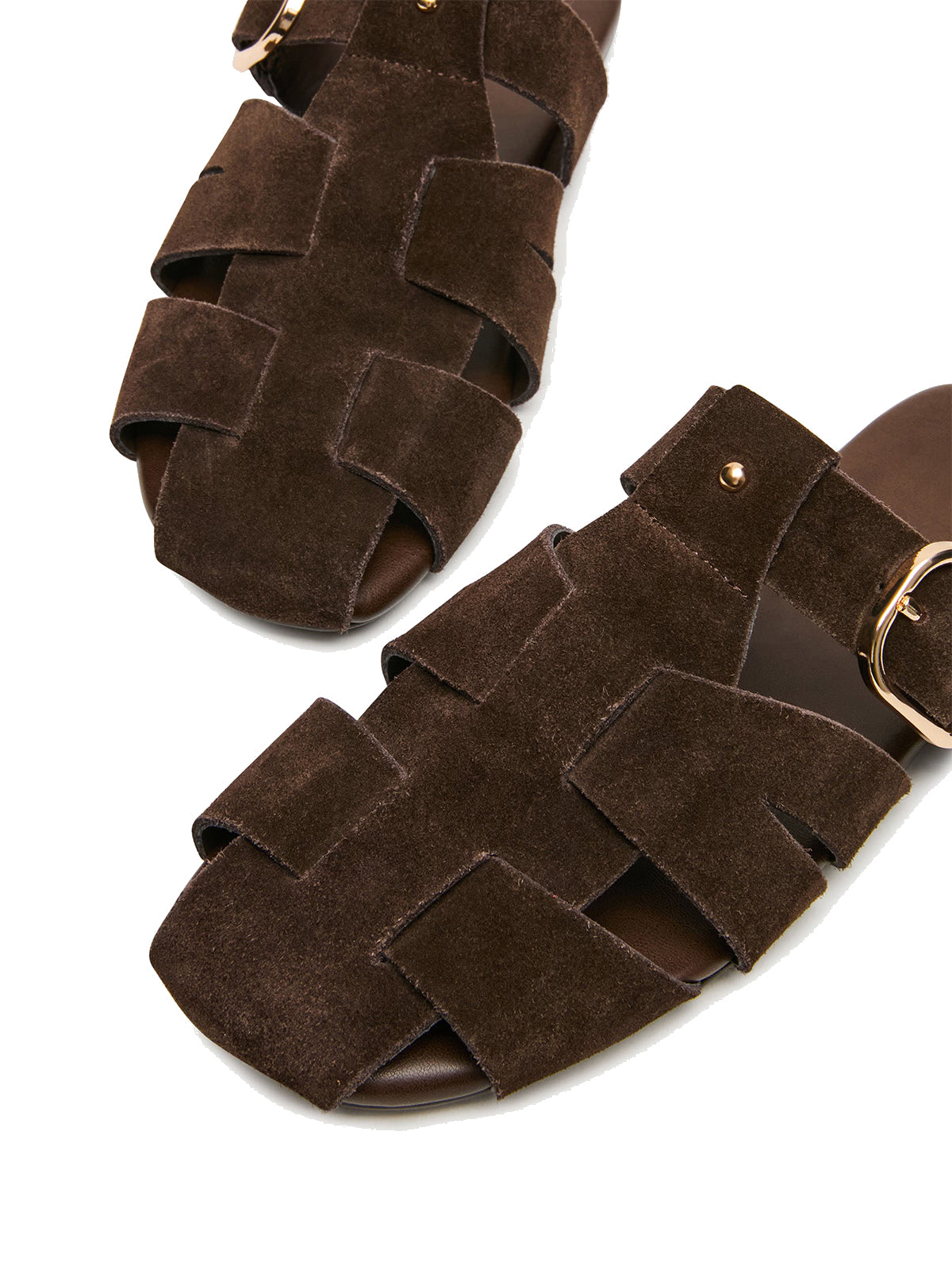 Brown Faux Suede Round-Toe Caged Design Mules Flats