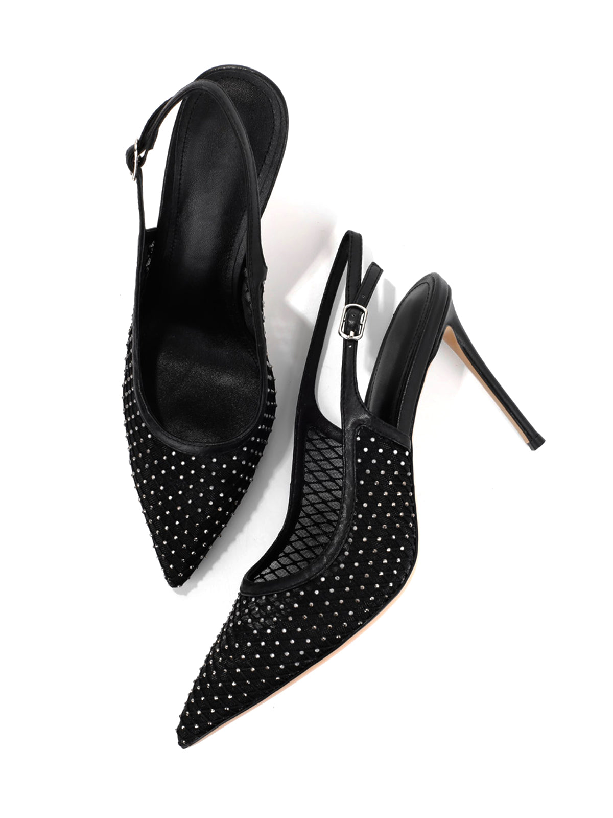 Black Mesh With Rhinestones Pointed-Toe Back Strap High Heels
