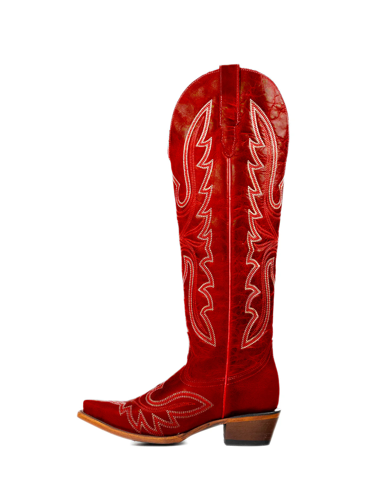 Distressed Red Snip-Toe Embroidery Knee High Tall Half-Zip Cowgirl Boots