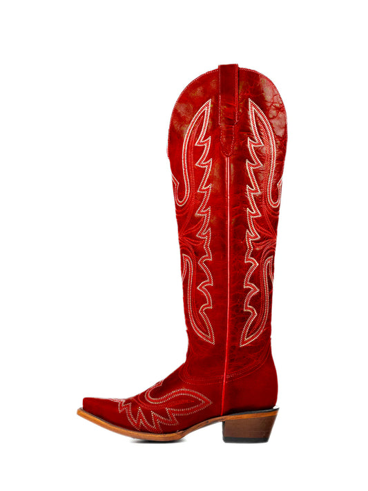 Distressed Red Snip-Toe Embroidery Knee High Tall Half-Zip Cowgirl Boots