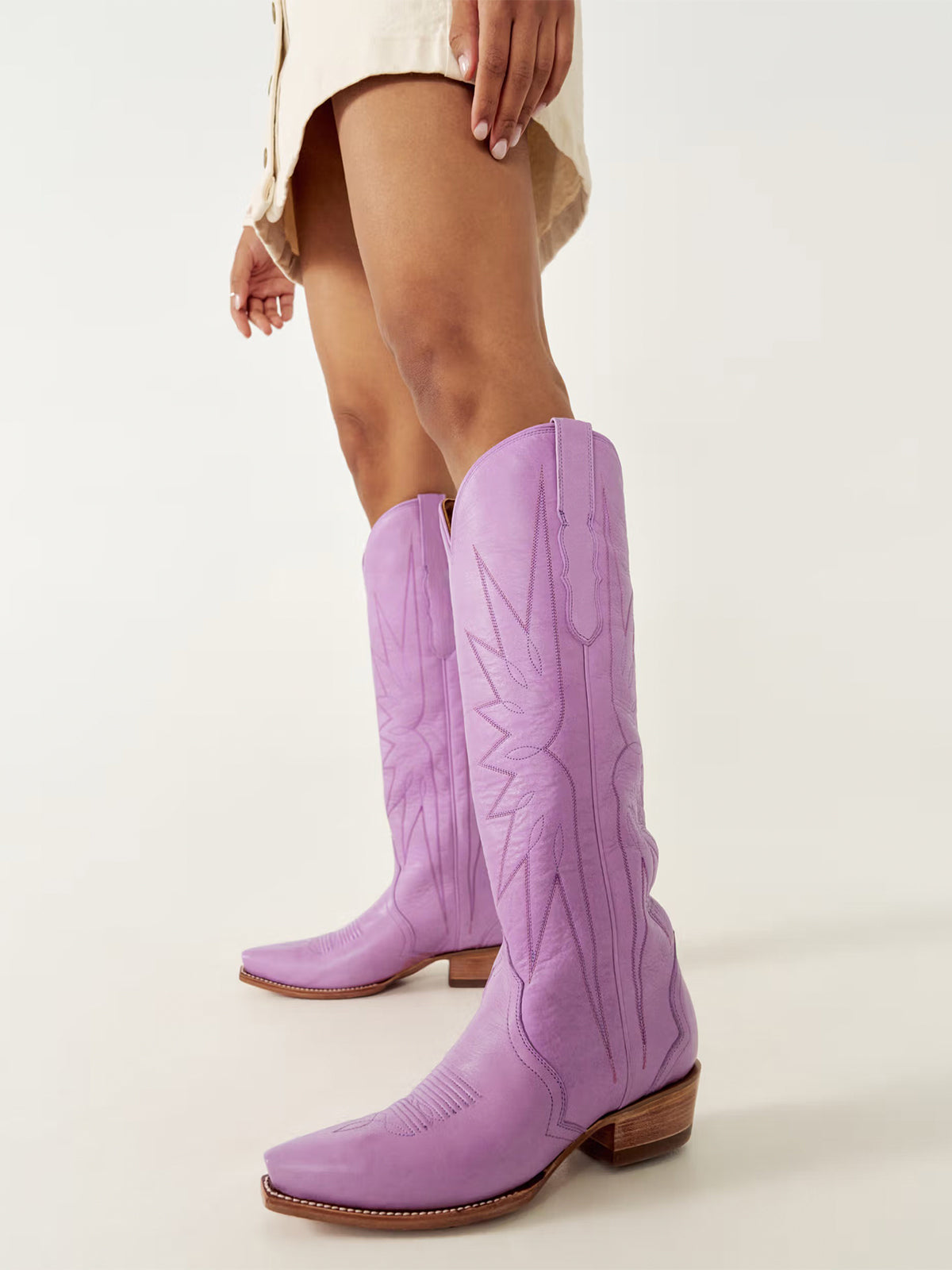 Light Purple Snip-Toe Embroidery Wide Calf Knee High Cowgirl Boots