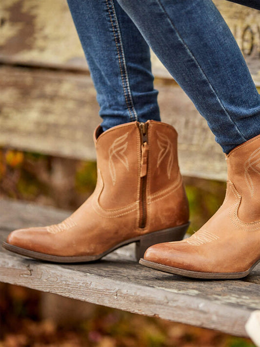Caramel Brown Almond-Toe Stitch Cowgirl Short Ankle Western Boots