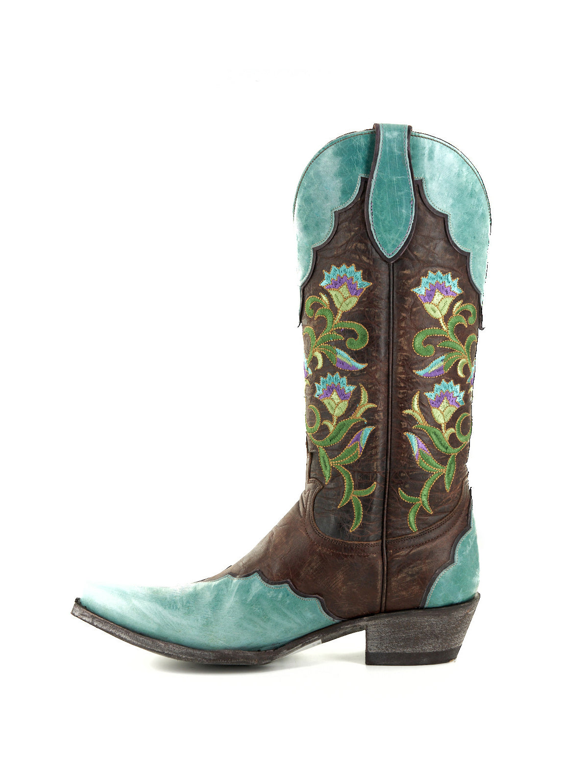 Contrast Brass And Turquoise Snip-Toe Colorful Flowers Embroidery Mid Calf Cowgirl Boots