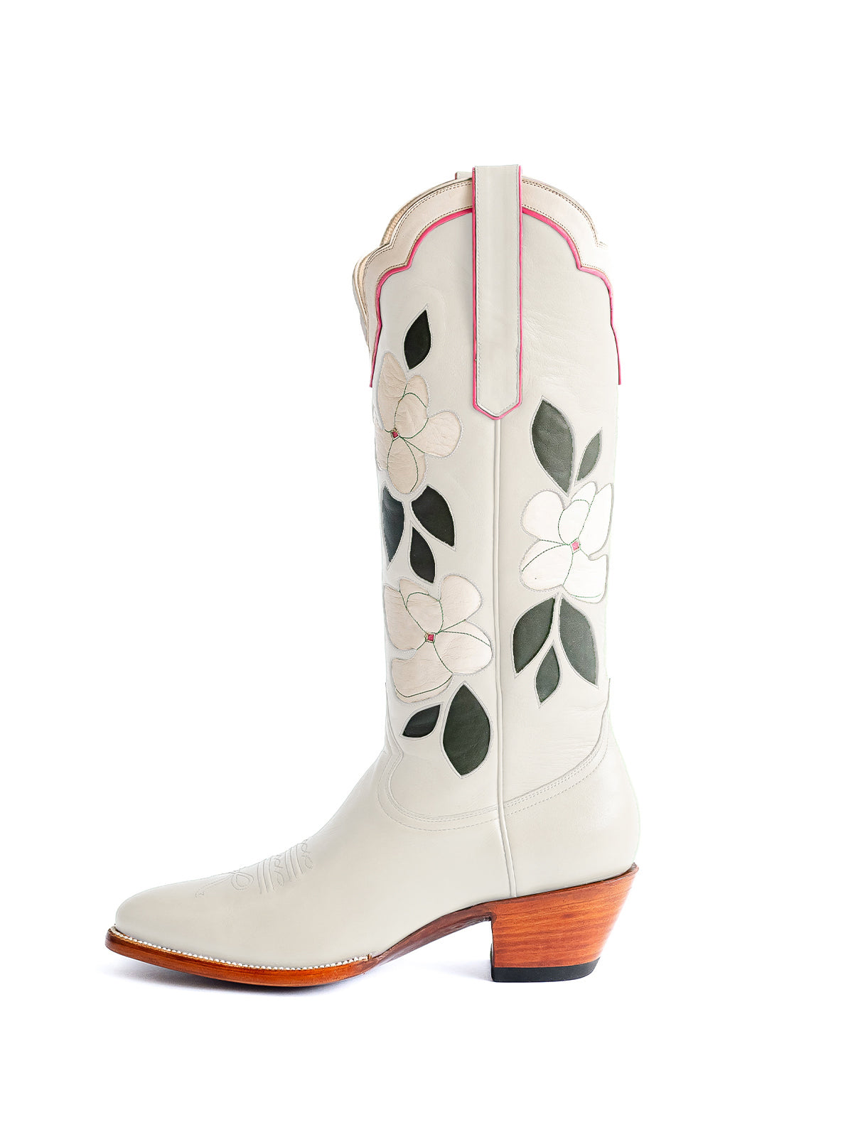 White Almond-Toe White Flower Inlay Wide Calf Knee High Cowgirl Boots