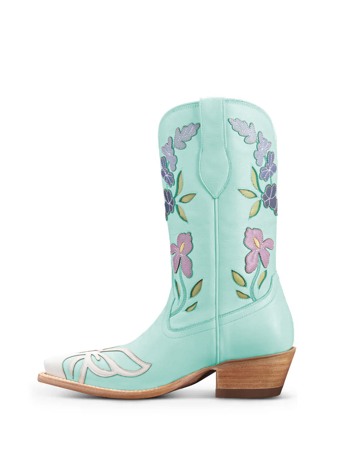 Light Cyan Snip-Toe Flower Applique Mid Calf Pull On Cowgirl Boots