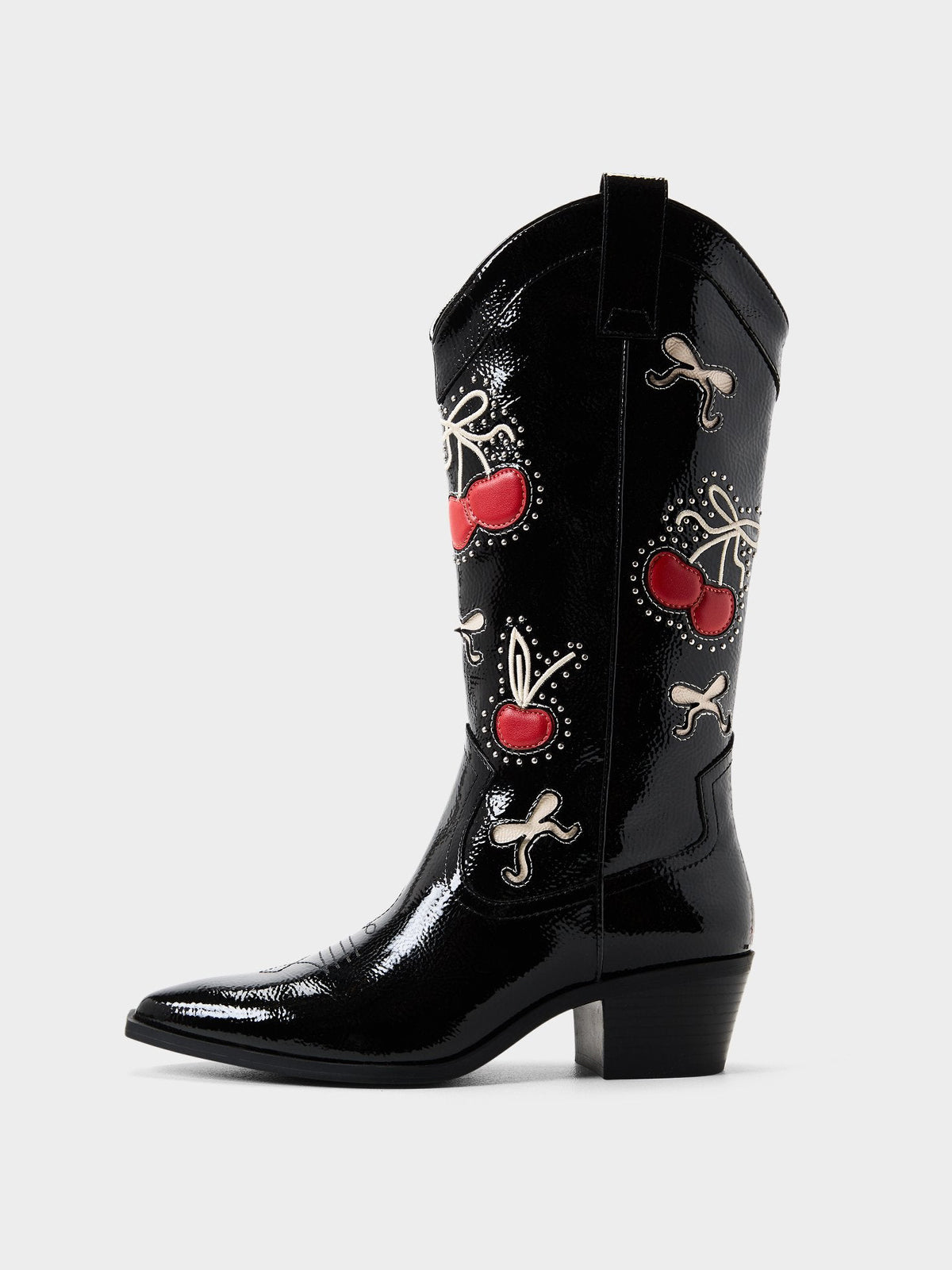 Patent Black Pointed-Toe Cherry And Bow Inlay And Studs Mid Calf Cowgirl Boots