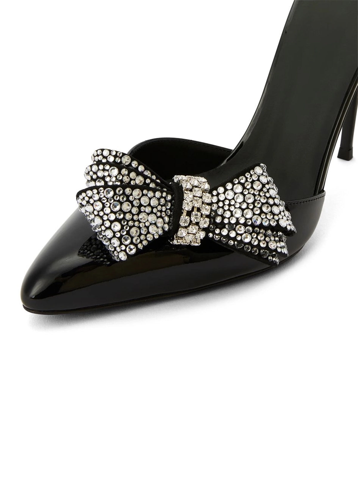 Patent Black Pointed-Toe Front Rhinestones Bow Ankle Strap High Heels