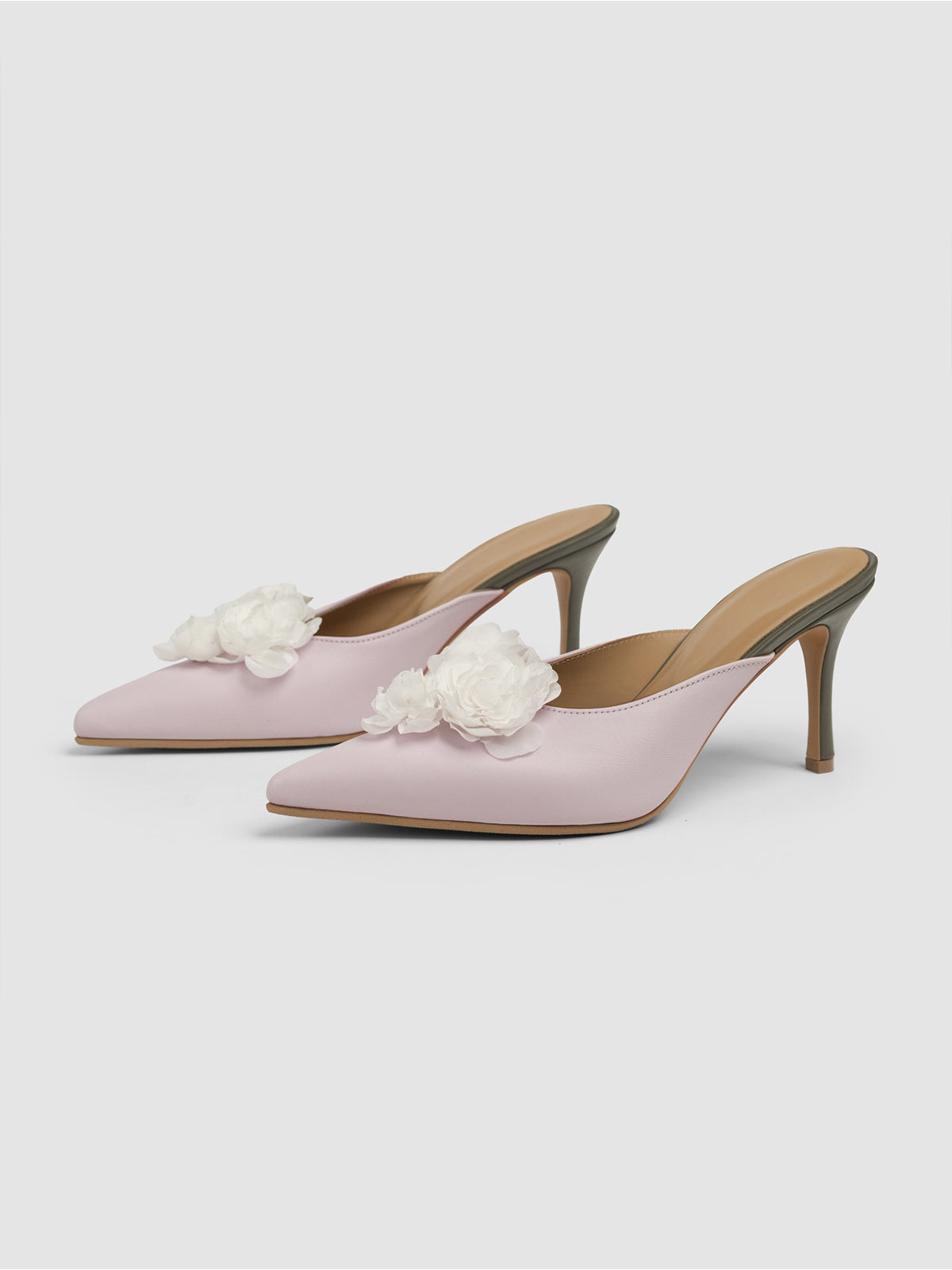 Light Lilac Pointed-Toe Front Floral Detail Backless Chic High Heels