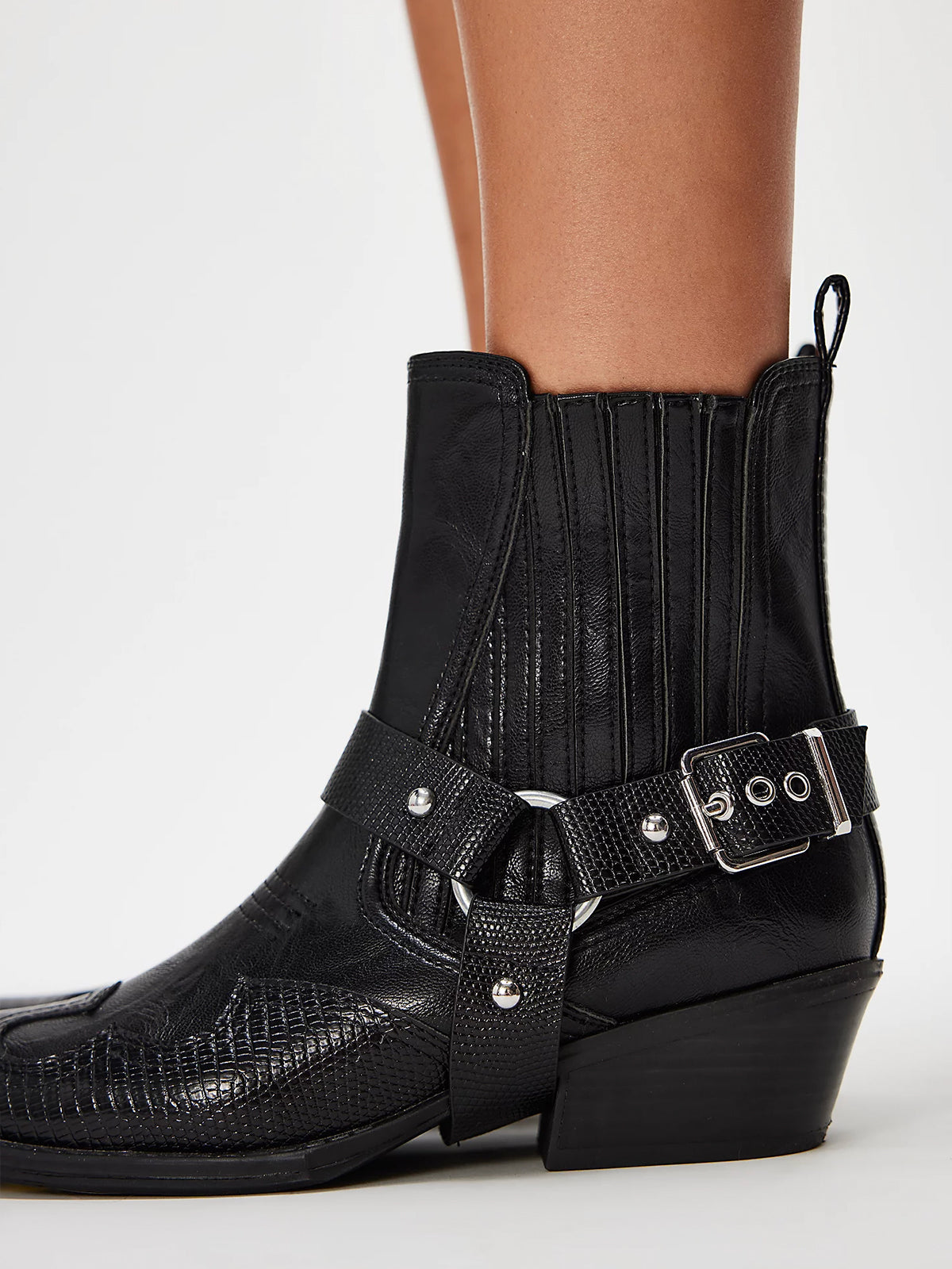 Black Lizard Print Snip-Toe Buckle Straps Ankle Cowgirl Boots