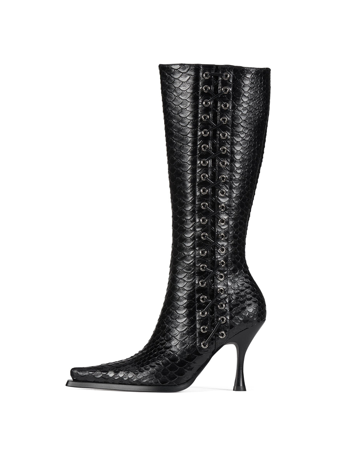 Black Pointed-Toe Side Lace-Up And Full-Zip Wide Calf Knee High Stiletto Boots