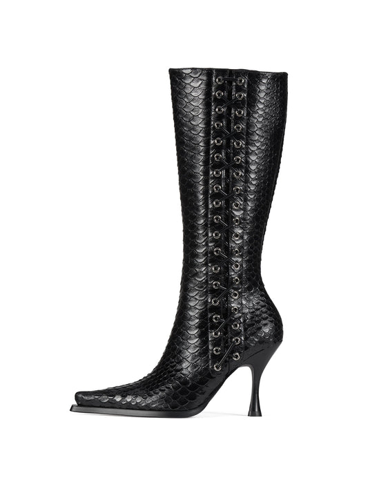 Black Pointed-Toe Side Lace-Up And Full-Zip Wide Calf Knee High Stiletto Boots