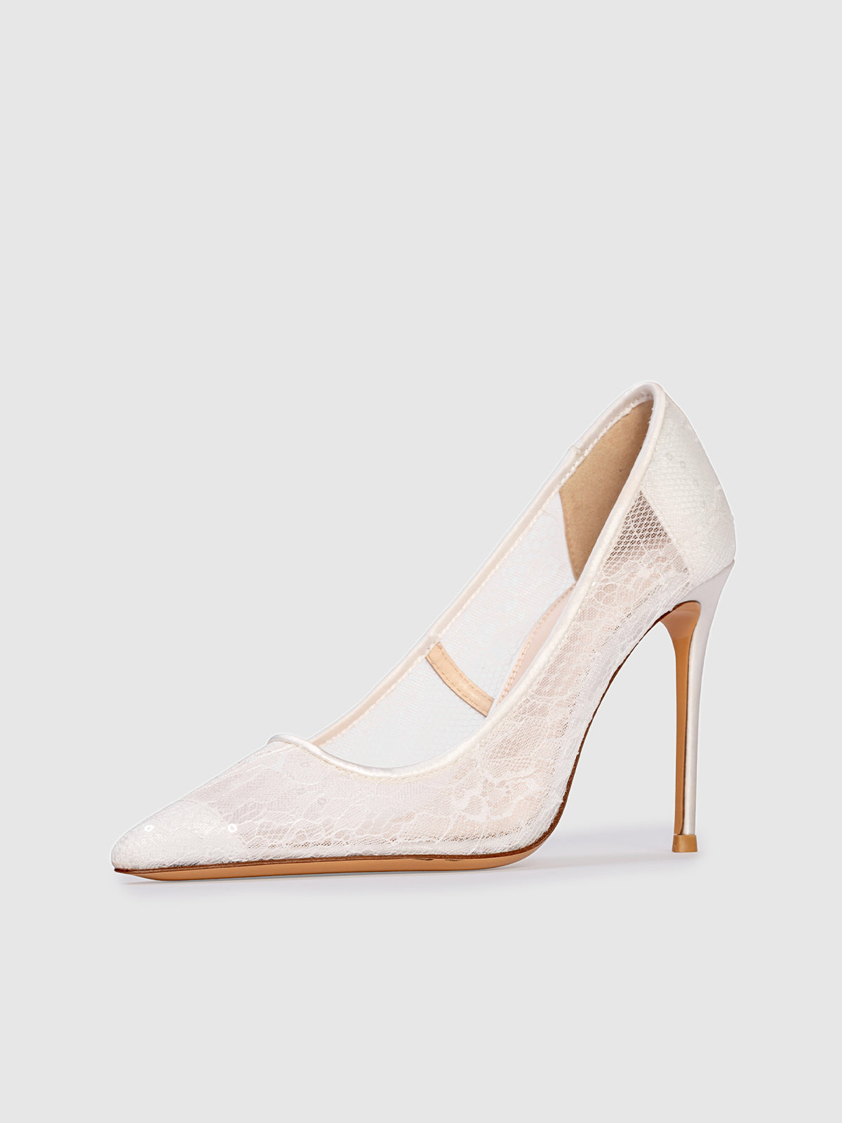 White Lace Mesh Pointed-Toe Slip-On High Heels