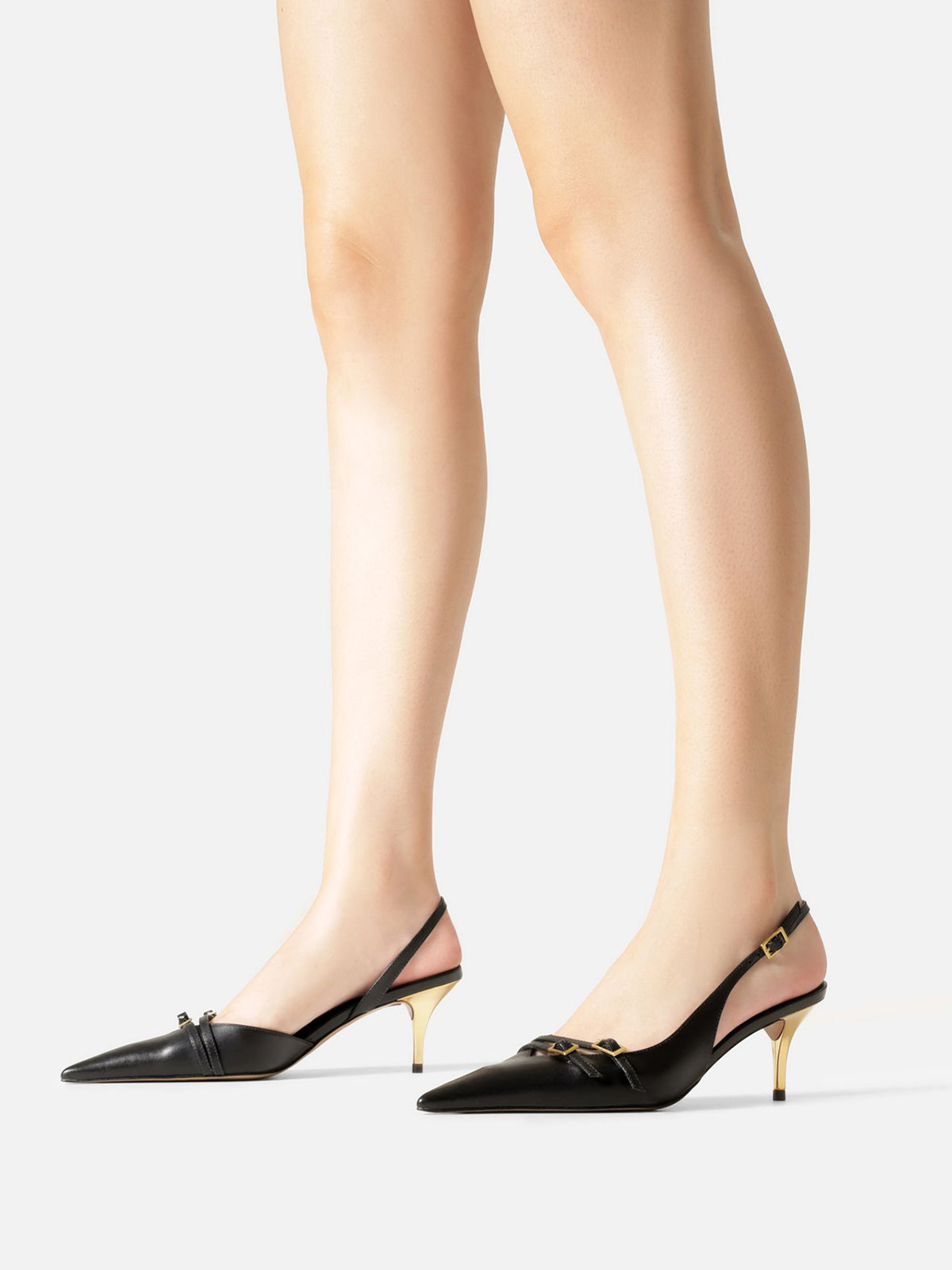 Black Pointed-Toe Front Double Buckle Straps Buckle Slingback Kitten Heels