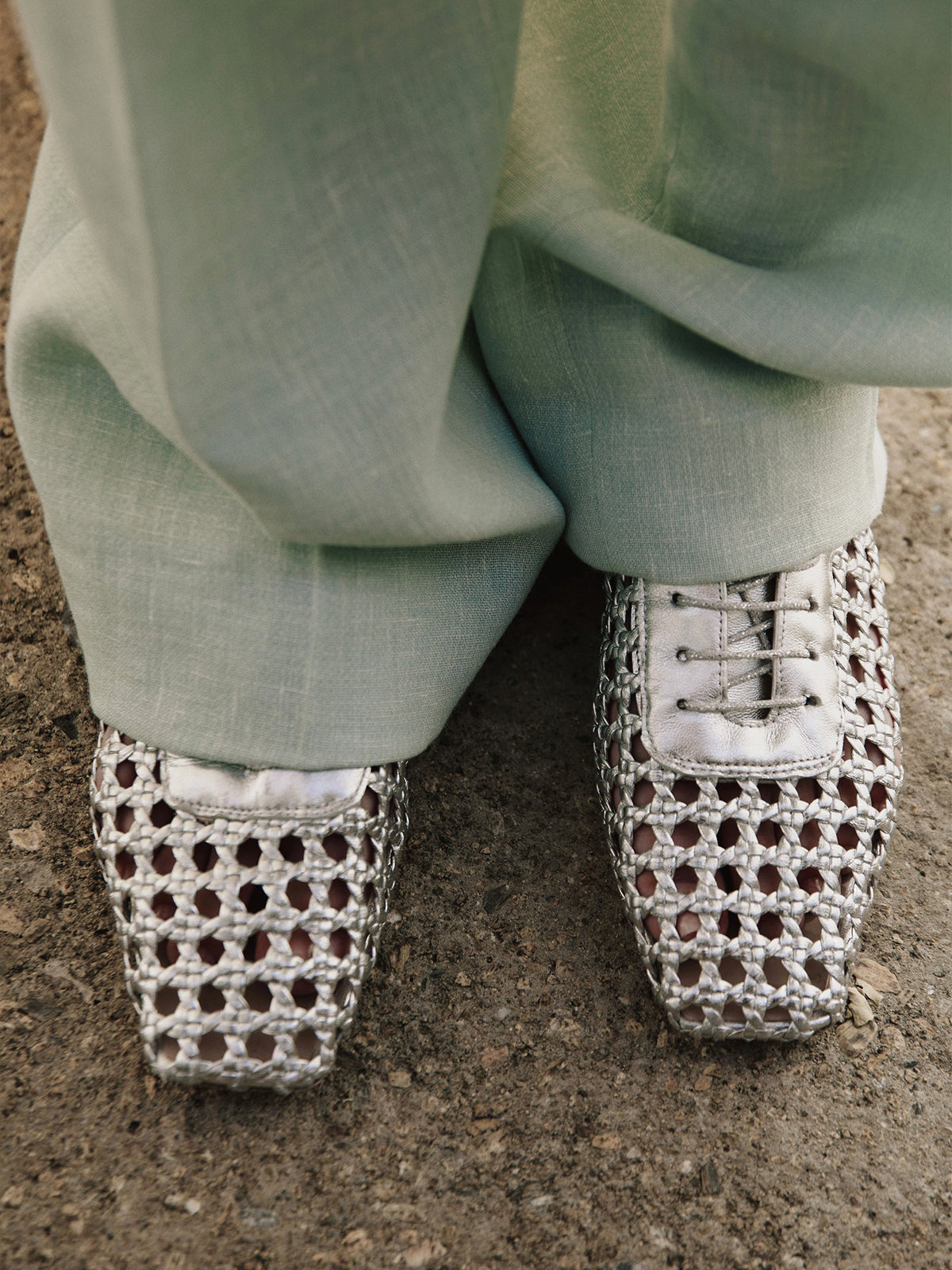 Metallic Silver Woven Vegan Leather Square-Toe Chic Lace-Up Flats