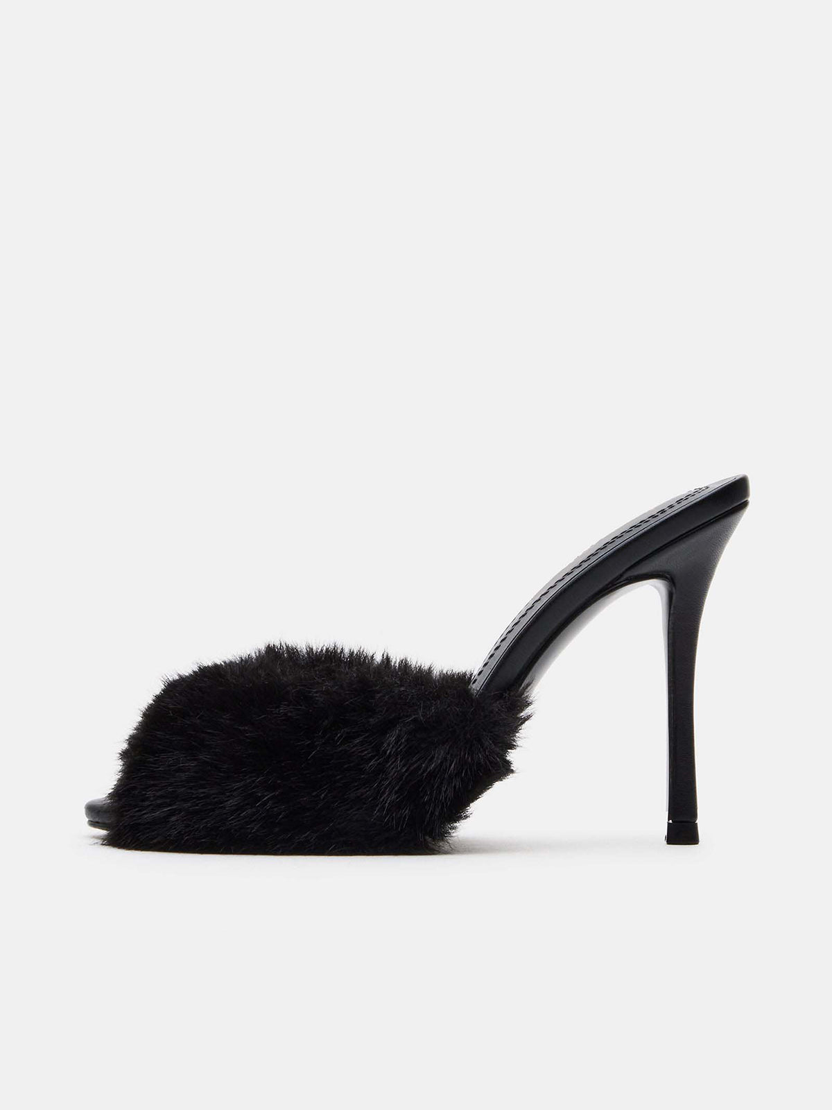 Round-Toe Slip-On High Stiletto Heels Pumps - Black Faux Fur