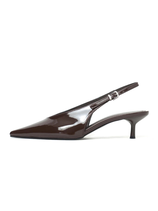 Patent Coffee Pointed-Toe Slingback With Buckle Kitten Heels