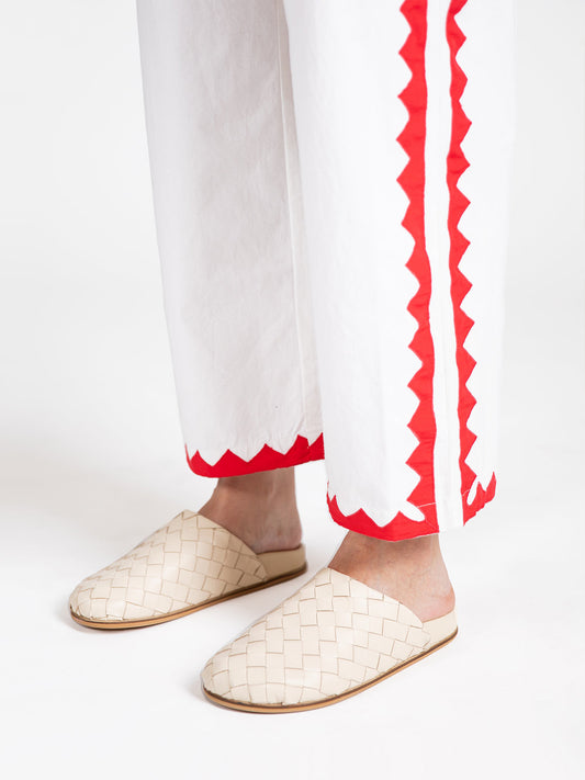 Cream Woven Vegan Leather Square-Toe Backless Slip-On Chic Flats