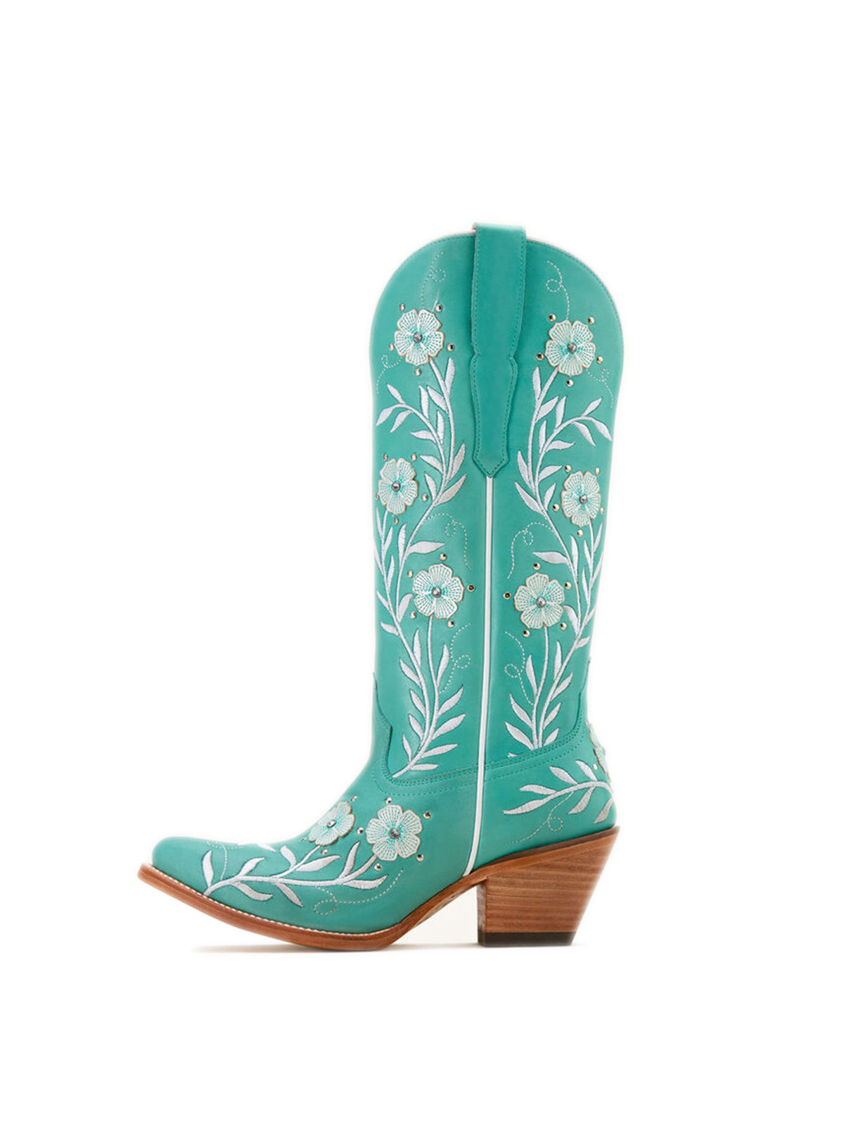 Turquoise Almond-Toe Flower Applique With Studs Mid Calf Embroidery Cowgirl Boots