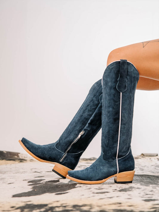 Midnight Blue Faux Suede Snip-Toe Embroidery Half-Zip Classic Knee High Cowgirl Boots
