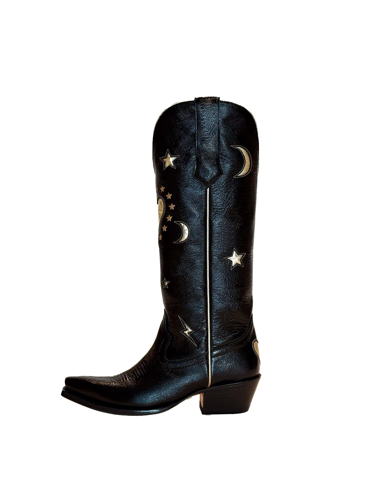 Black Snip-Toe Metallic Stars Heart Moon Inlay Wide Calf Knee High Cowgirl Boots