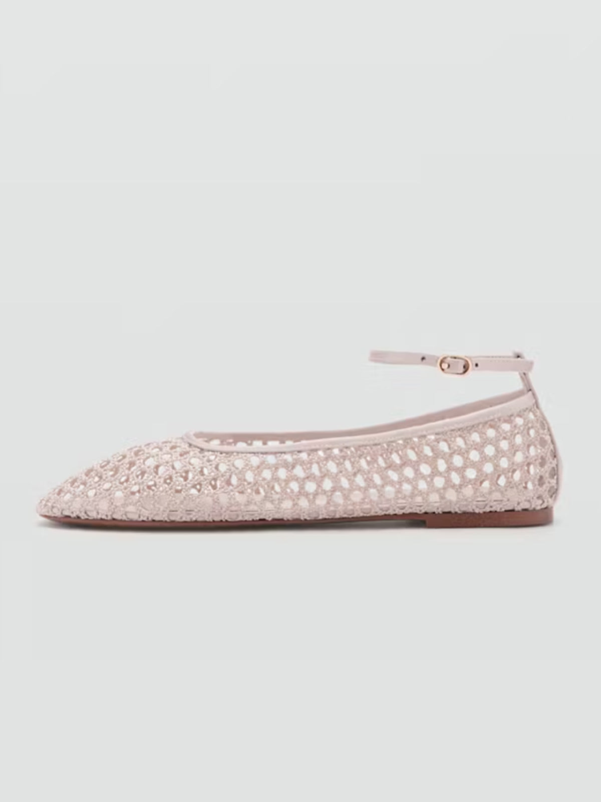 Ivory Mesh Round-Toe Classic Ankle Strap Simple Flats