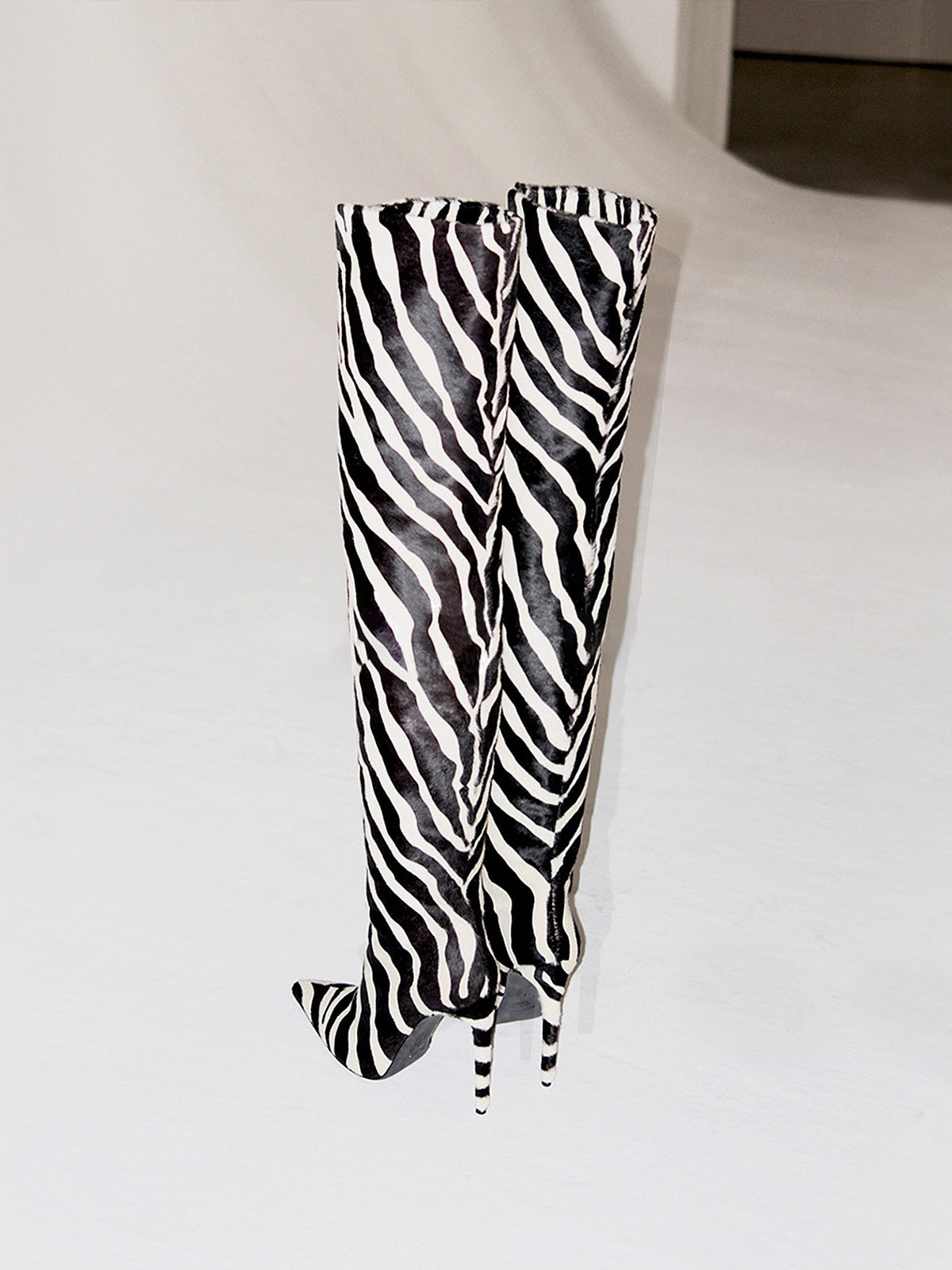 Faux Zebra Pointed-Toe Wide Calf Over-The-Knee Stiletto Boots