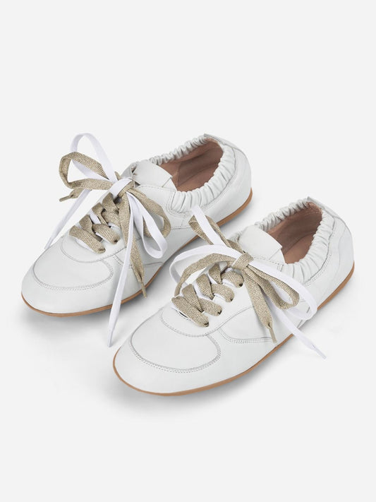 White Cow Leather Round-Toe Lace-Up Chic Flats Sneakers