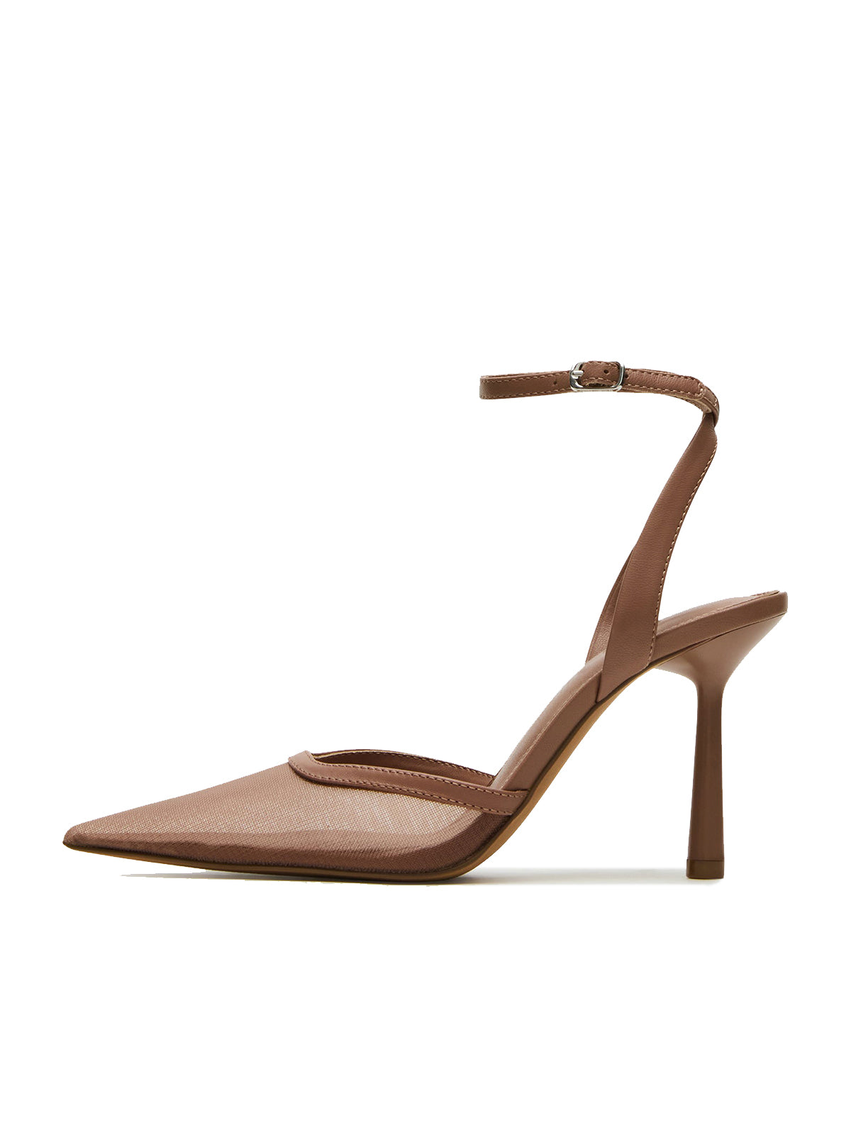 Mesh Pointed-Toe Ankle Strap Pumps High Heels - Mocha