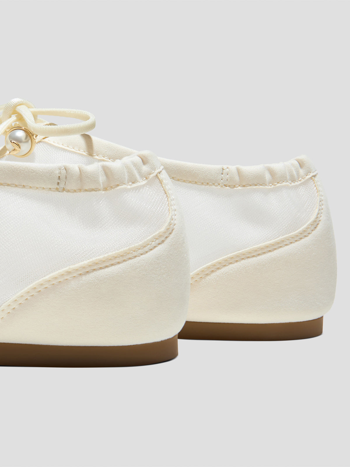 Ivory Mesh And Faux Suede Square-Toe Floral Embroidery Bridge Bow Strap Flats