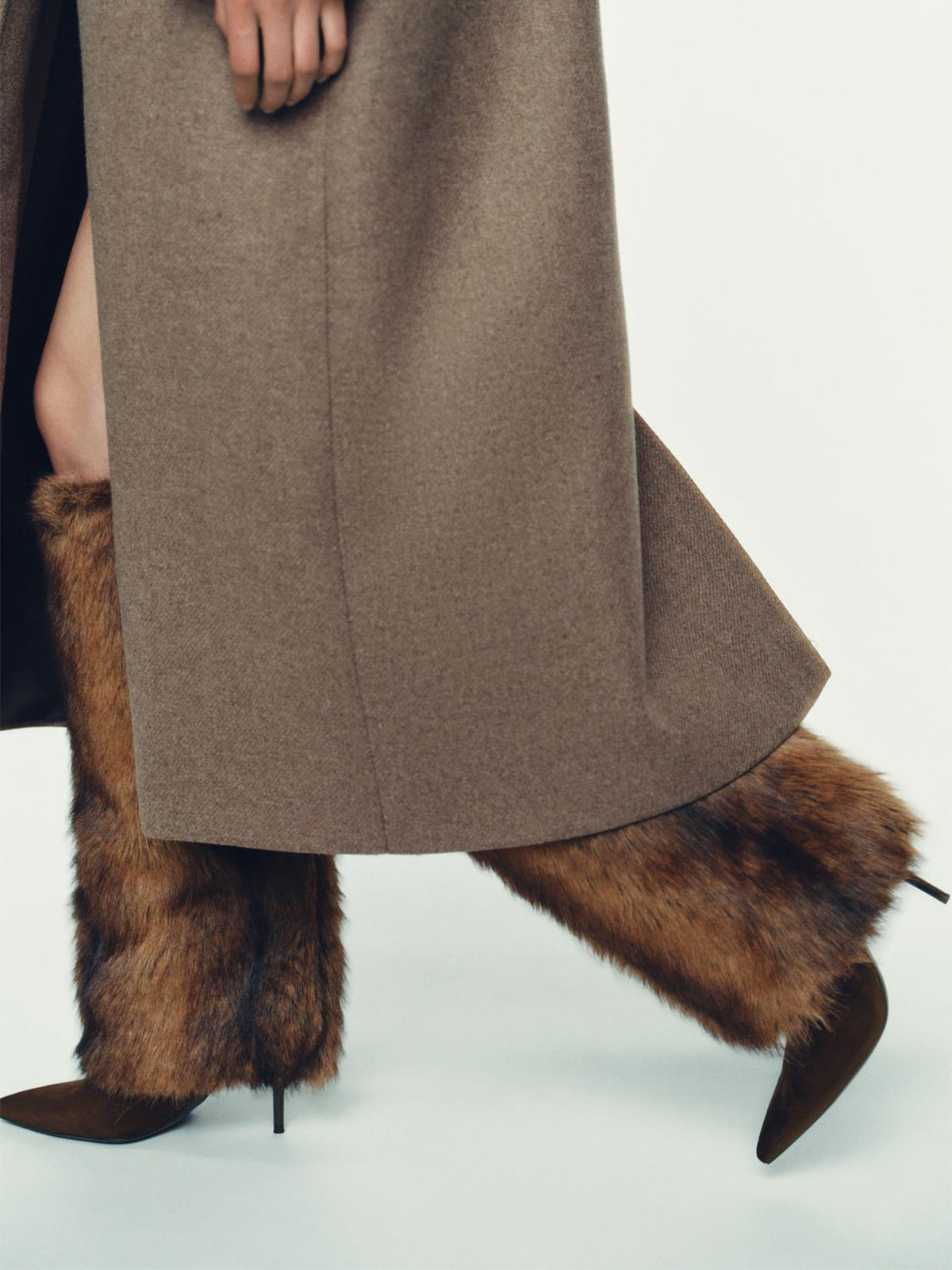 Brown Faux Suede Pointed-Toe Plush Wide Calf Knee High Stiletto Boots