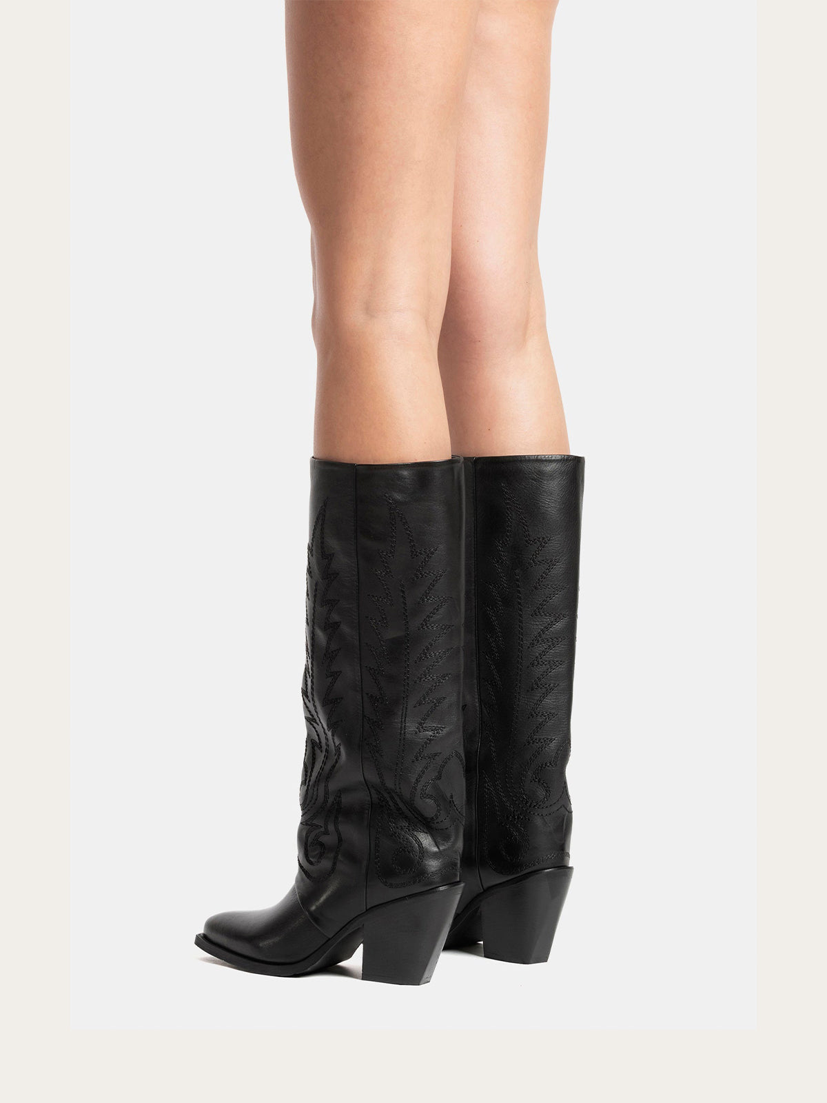 Black Snip-Toe Vegan Leather Classic Embroidery Mid Calf Cowgirl Boots