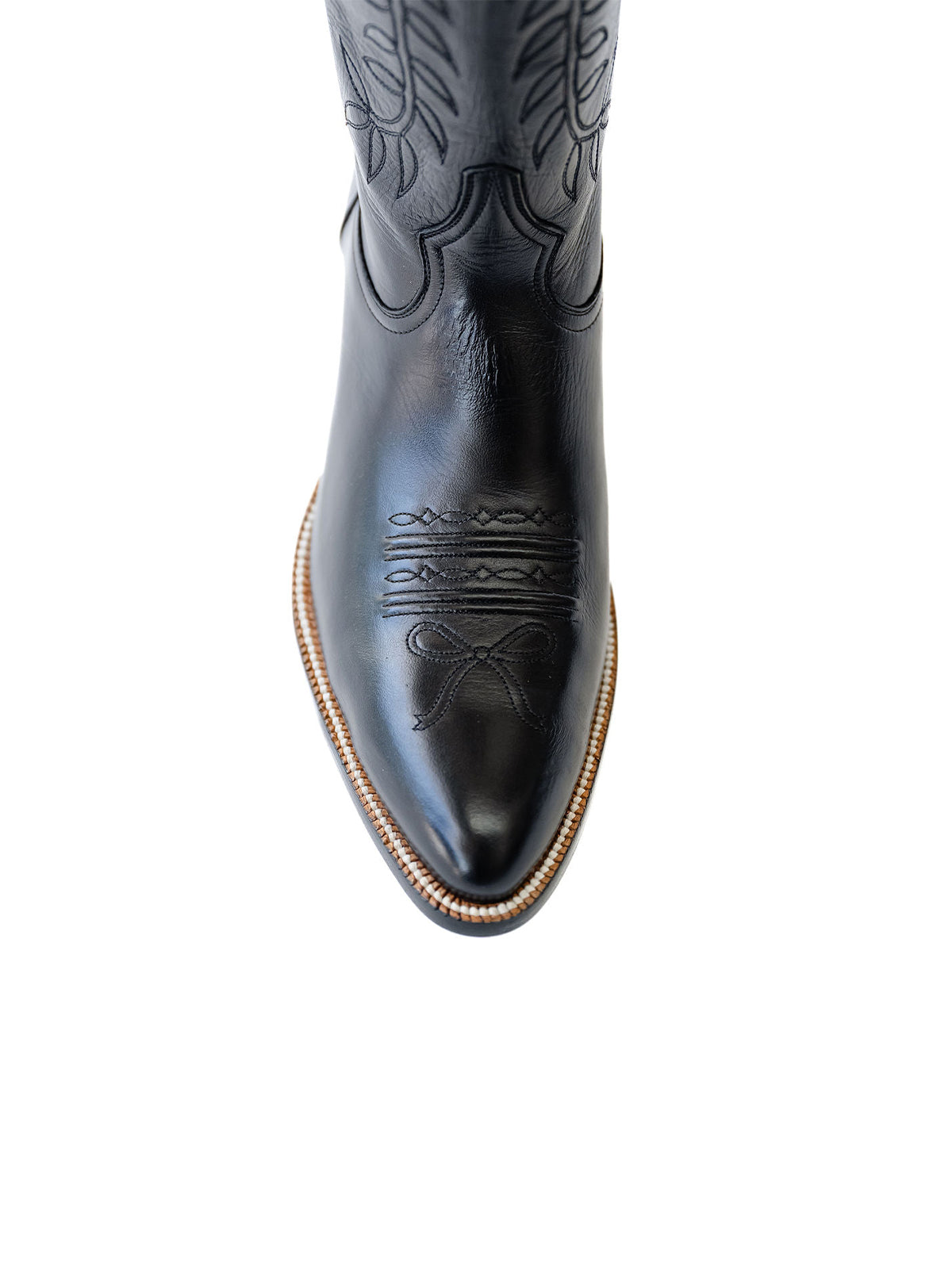 Leaves Embroidery Almond-Toe Wide Knee High Cowgirl Boots - Black