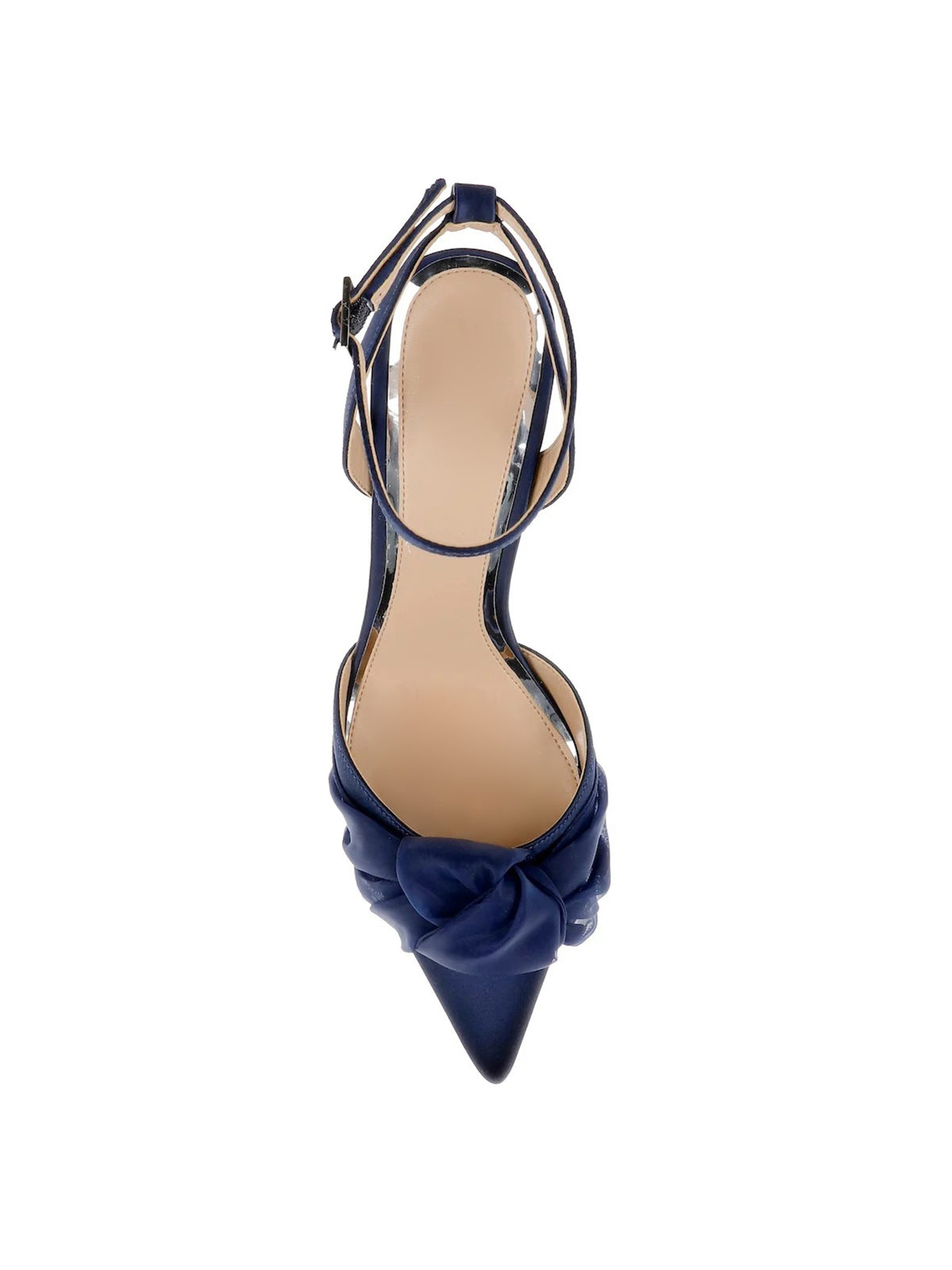 Navy Satin Pointed-Toe Front Soft Knot Slingback Ankle Strap High Heels