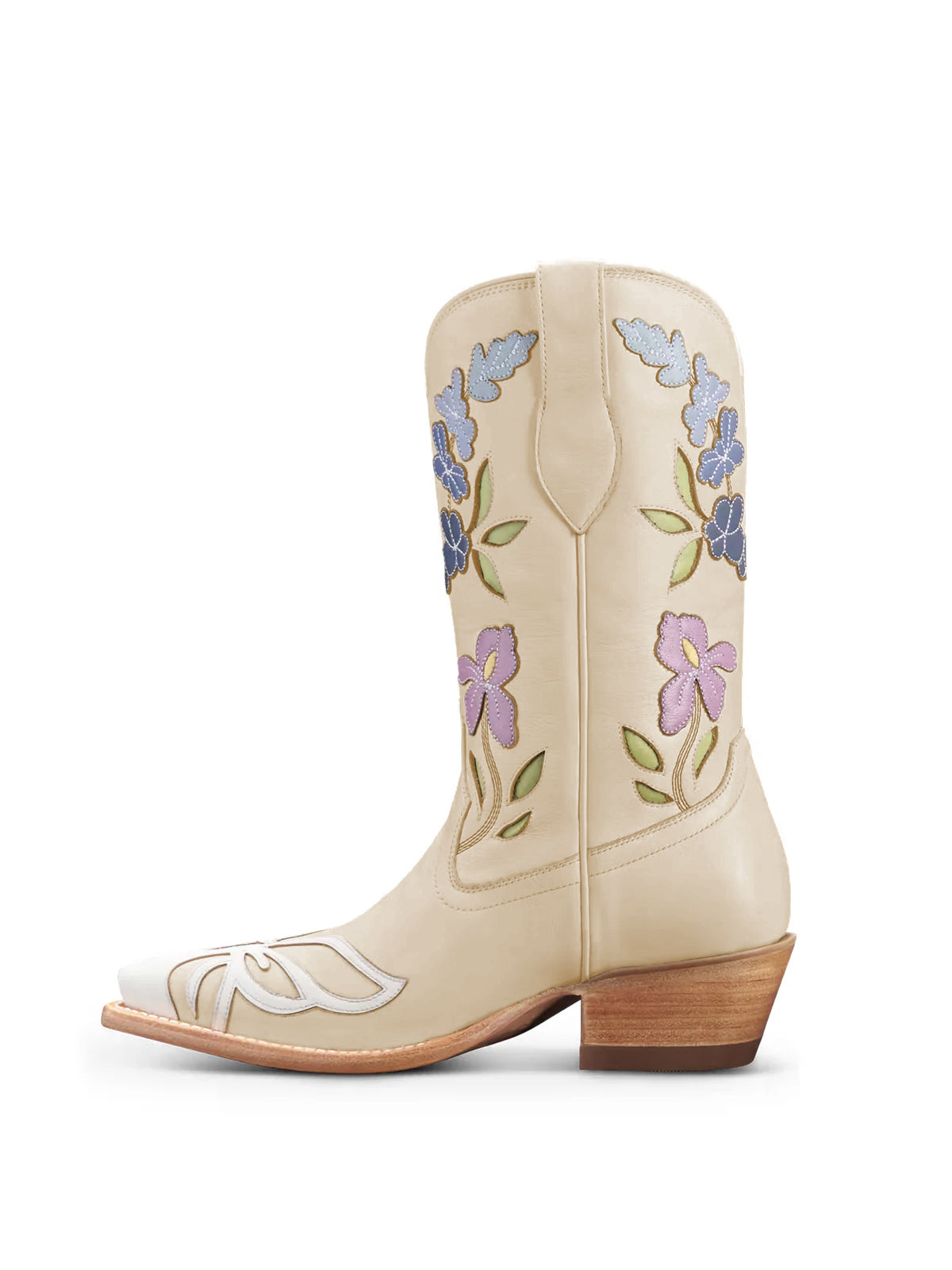 Beige Snip-Toe Flower Applique Mid Calf Pull On Cowgirl Boots