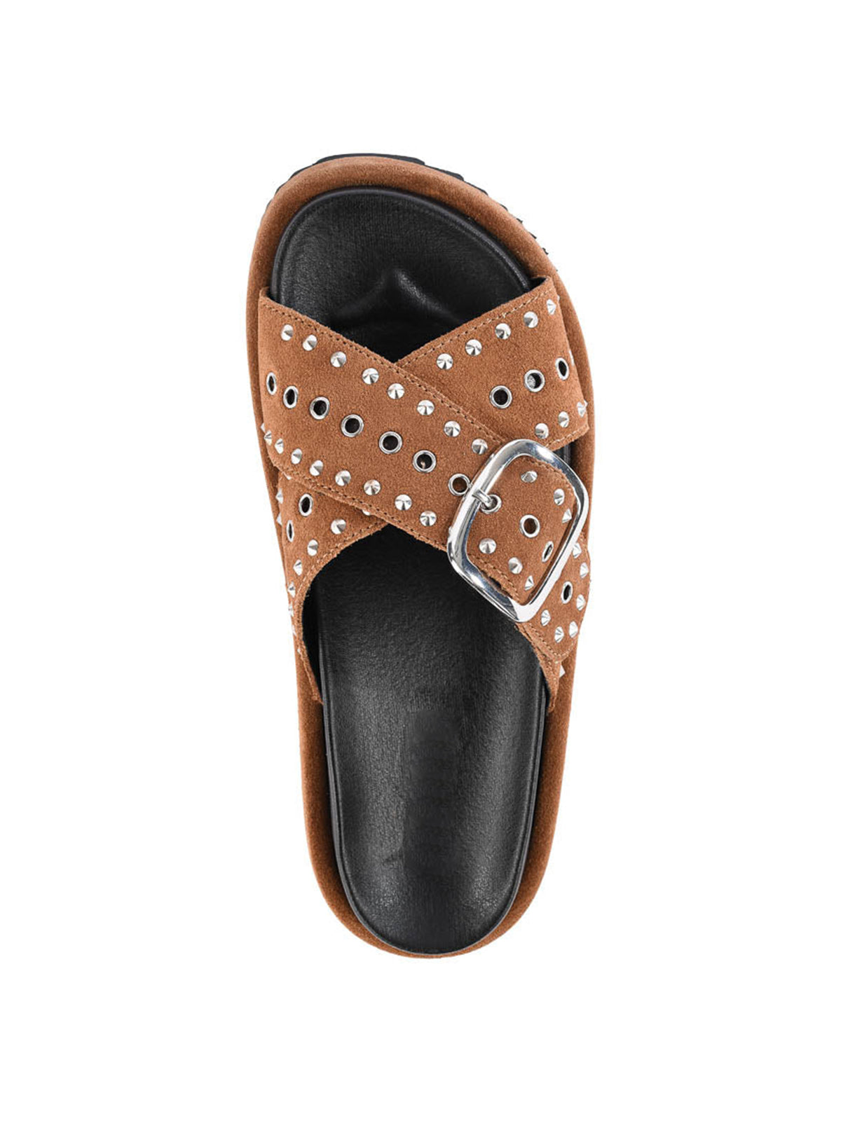 Tan Faux Suede Round-Toe Crossed Straps With Eyelets And Rhinestones Sandals