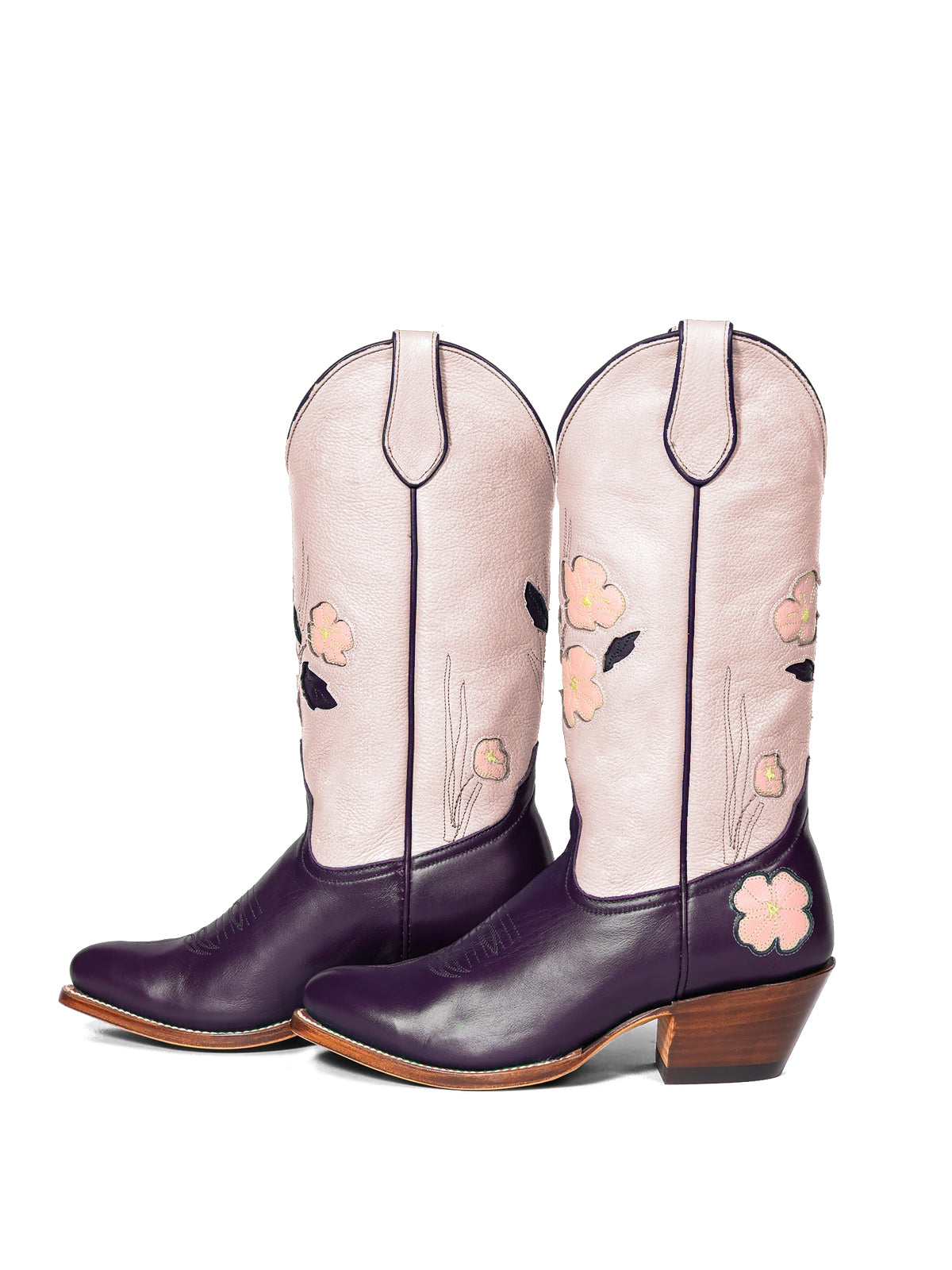 Contrast Pink And Purple Almond-Toe Fresh Flower Inlay Mid Calf Cowgirl Boots