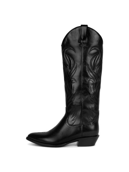 Black Almond-Toe Classic Embroidery Wide Calf Knee High Cowgirl Boots