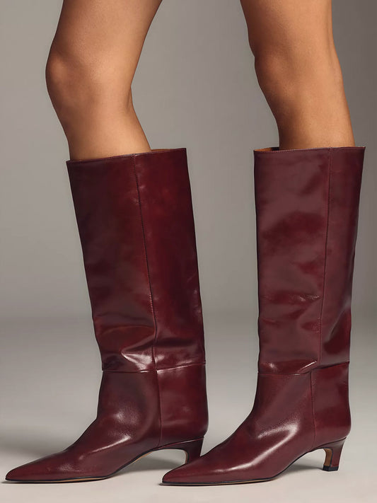 Wide Calf Pointed-Toe Simple Knee High Tall Stiletto Boots - Red