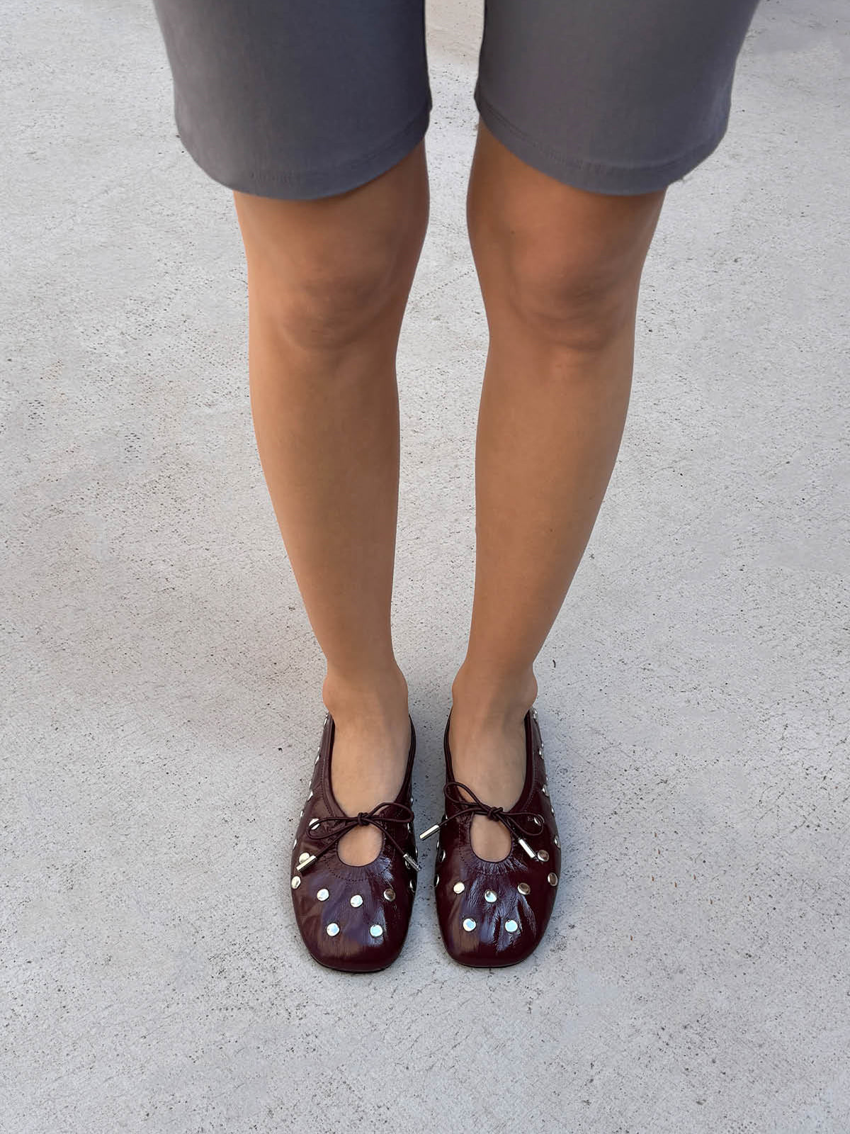 Patent Burgundy Square-Toe Full Studs And Front Bow Chic Ballet Flats