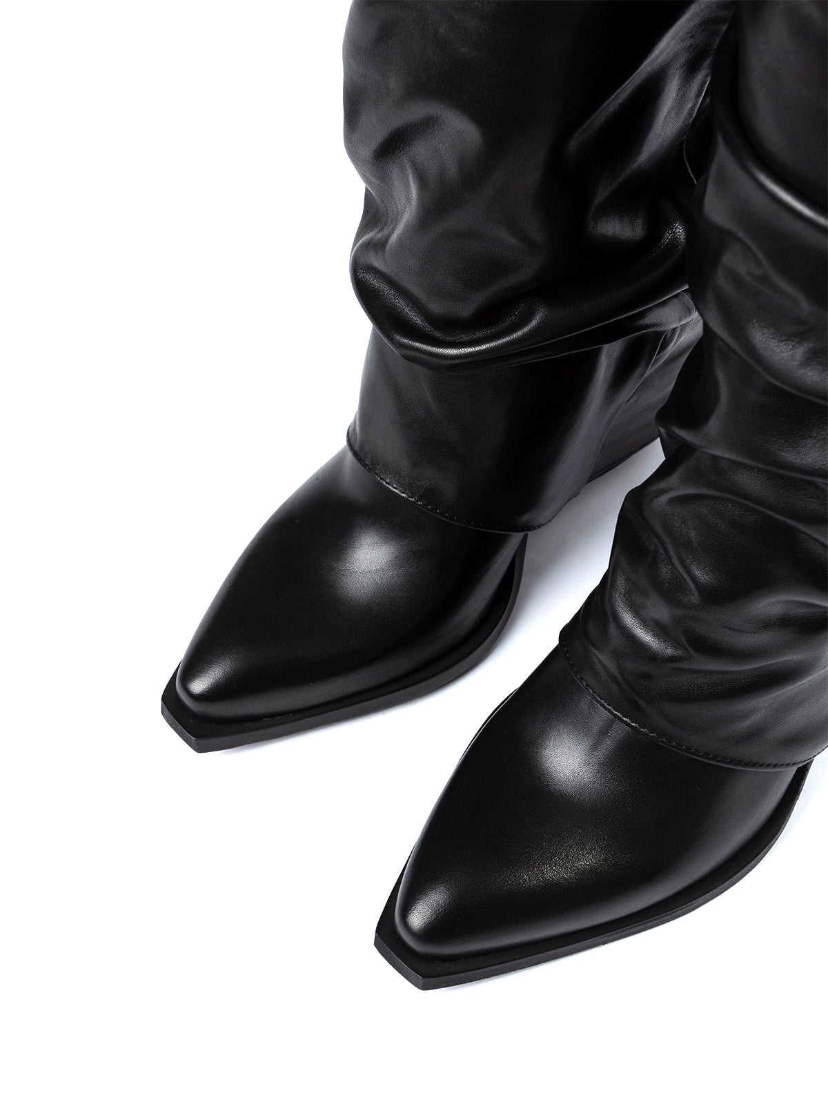 Black Snip-Toe Fold-Over Wide Calf Tall Knee High Cowgirl Boots