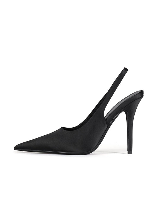 Black Satin Pointed-Toe Slip-On Slingback Chic High Heels