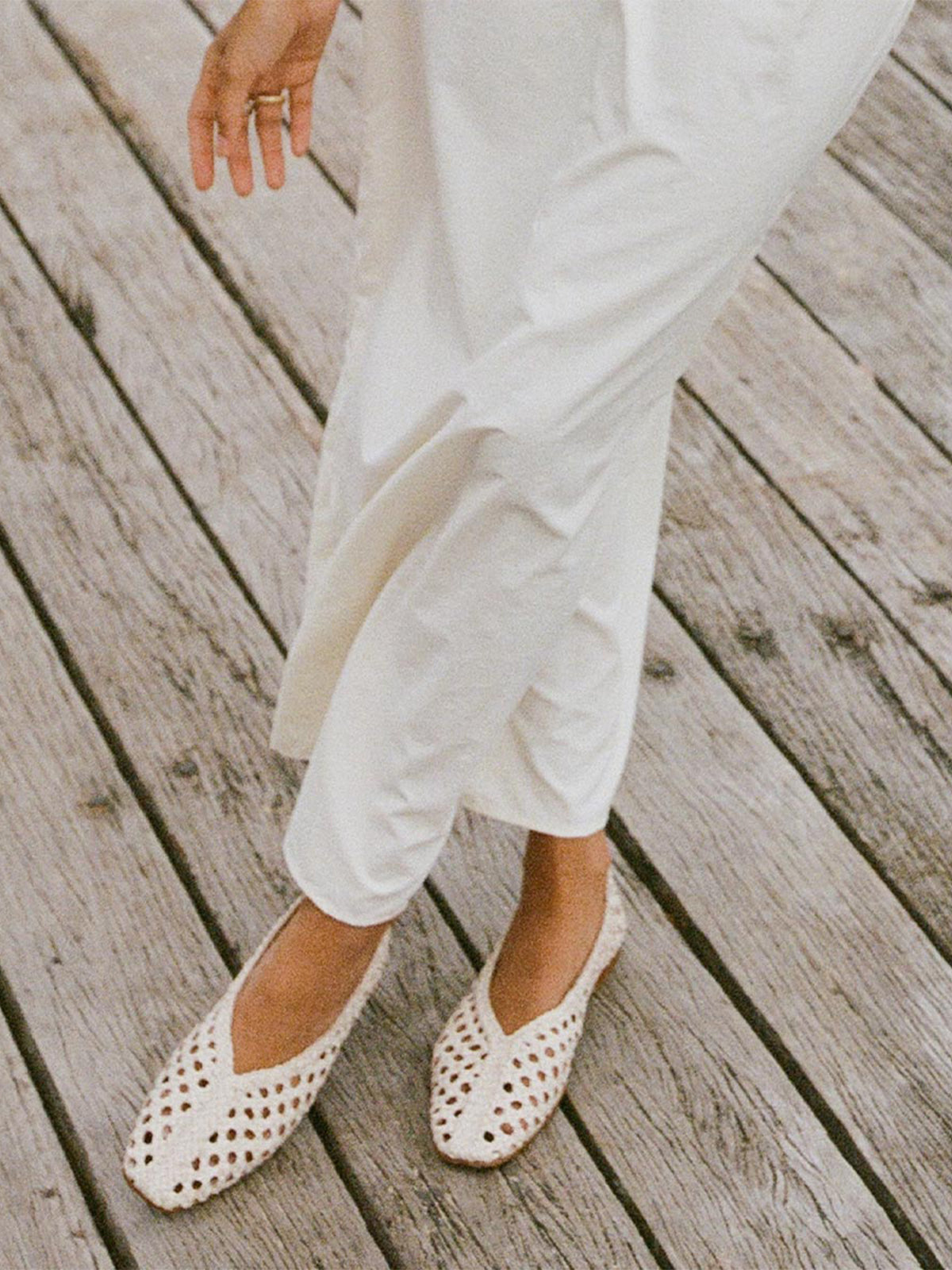 Beige Woven Vegan Leather Square-Toe Chic Ballet Flats