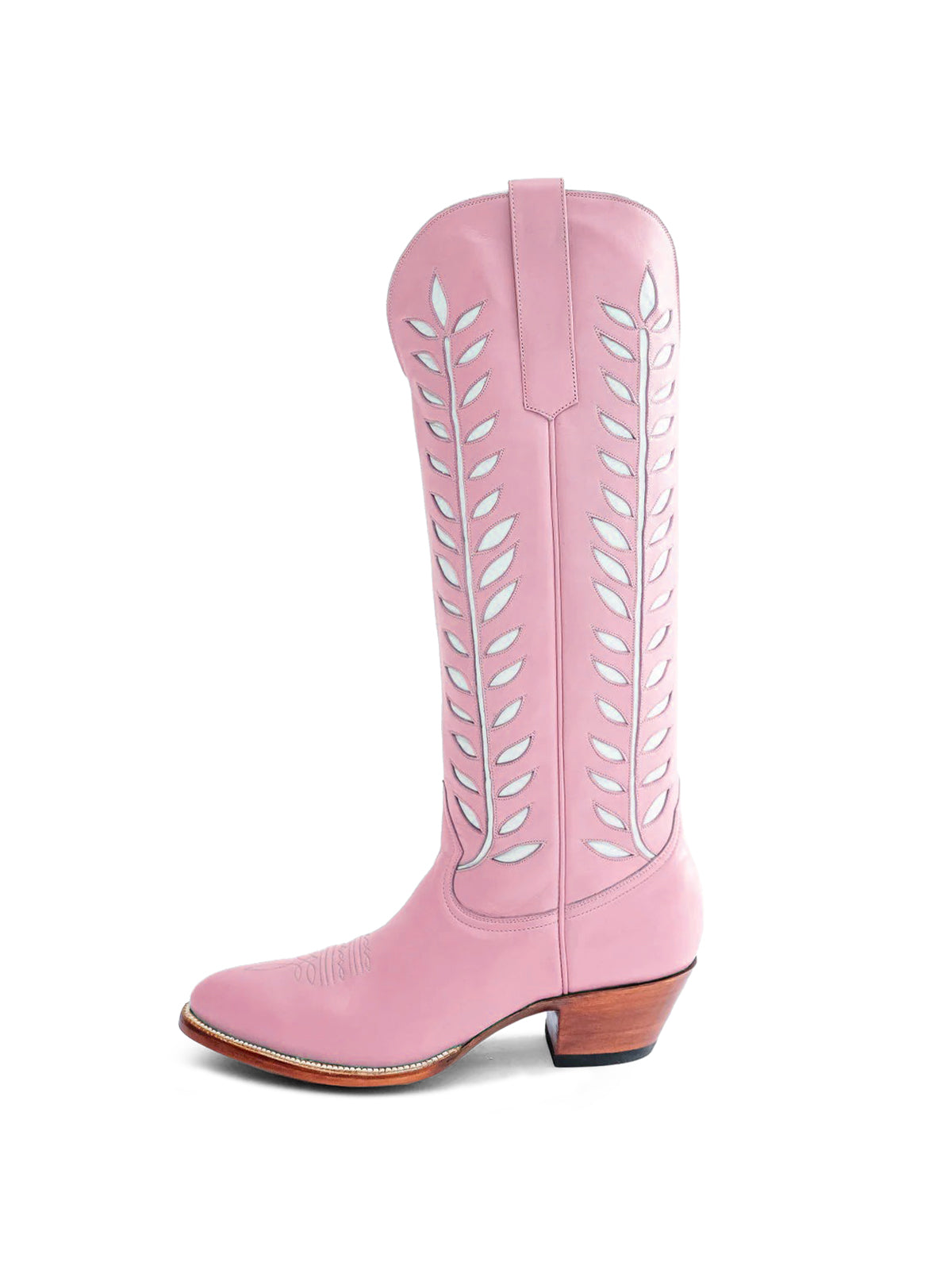 Almond-Toe White Leaves Inlay Wide Calf Tall Knee High Cowgirl Boots - Pink