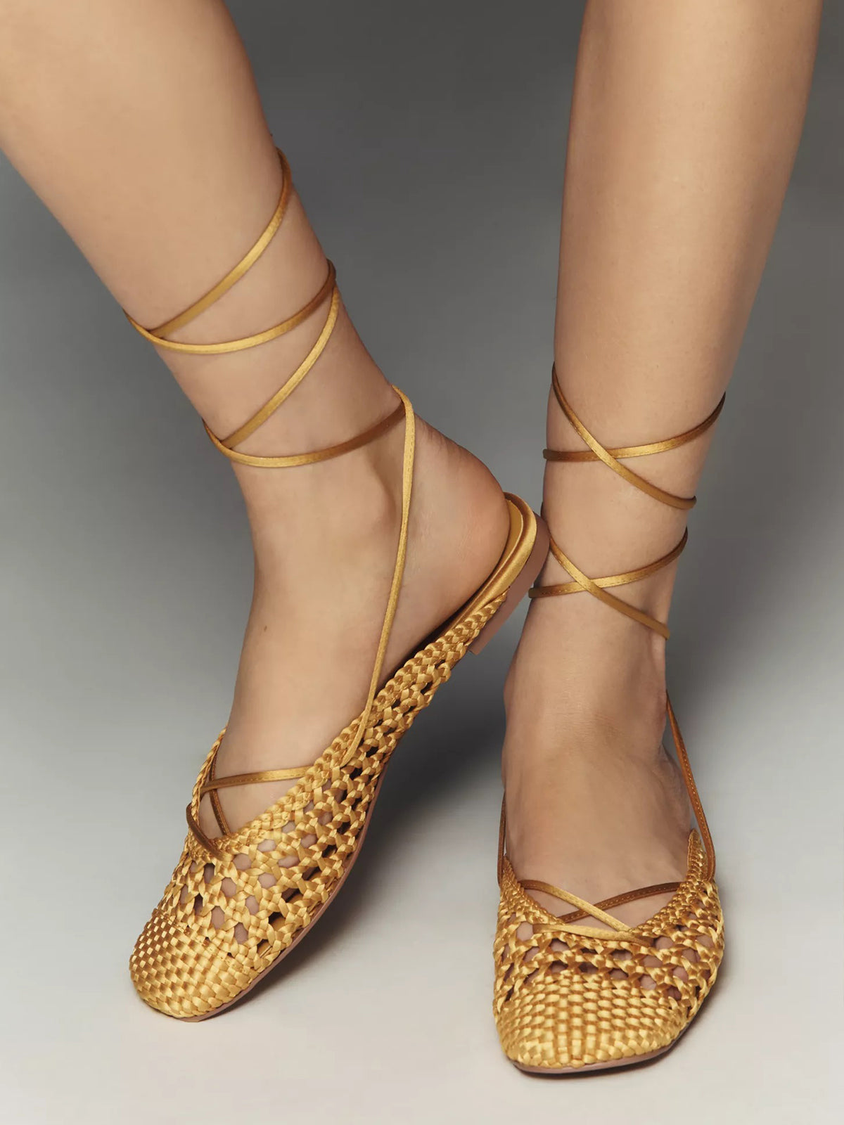 Yellow Nylon Rope Woven Square-Toe Ankle-Wrap Mules Flats